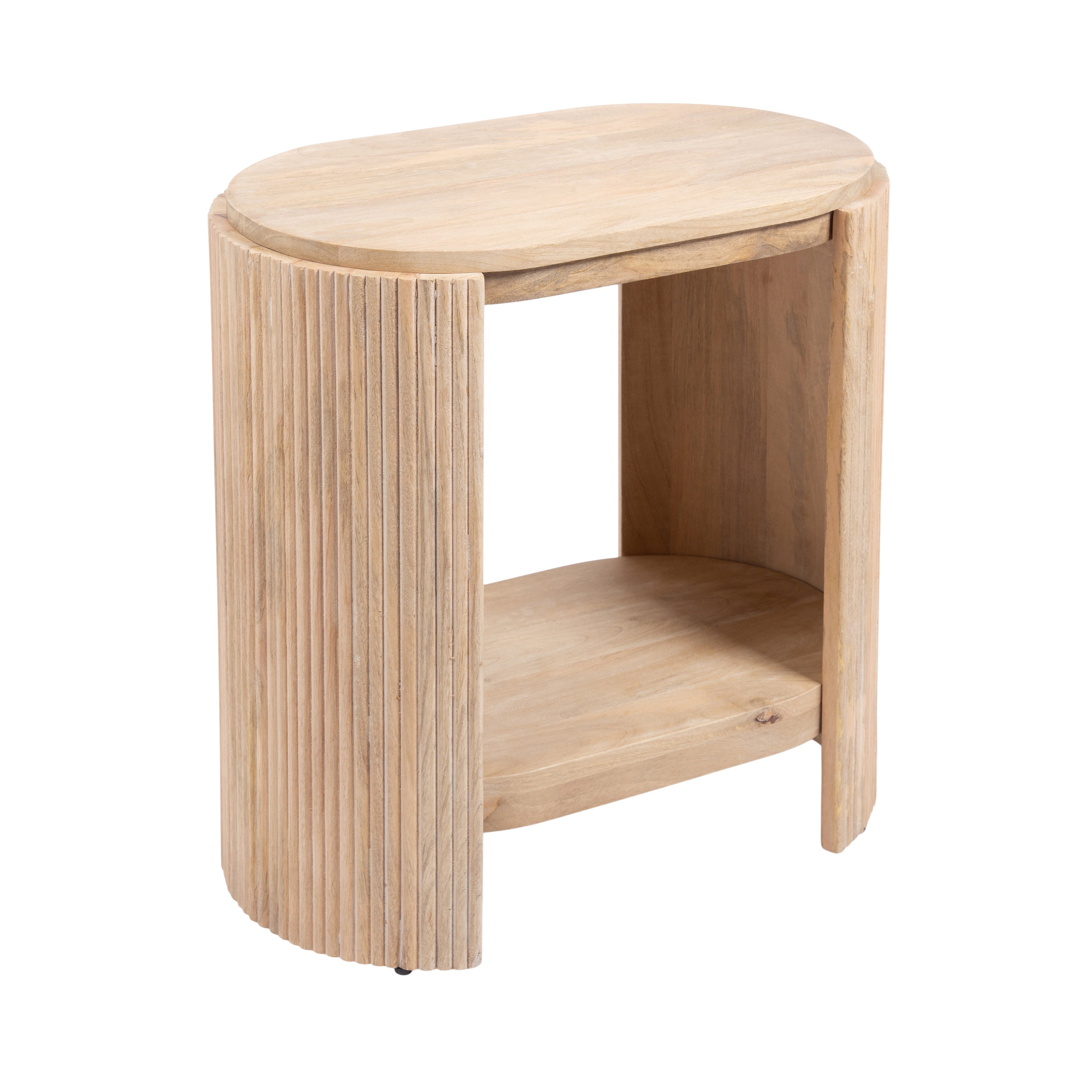Cakora Capsule Wood Side Table in a room setting, showing ribbed sides and two wooden tiers