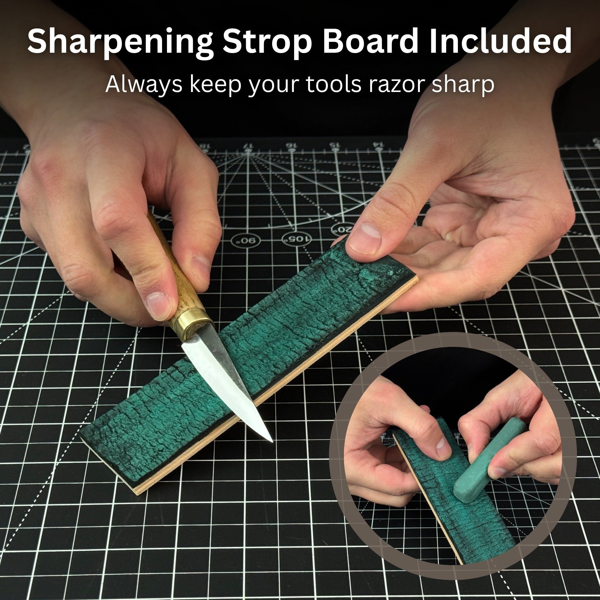 Whale Carving Kit with knife, wooden blocks, sandpaper, sharpening board, pencil, and whale drawing template