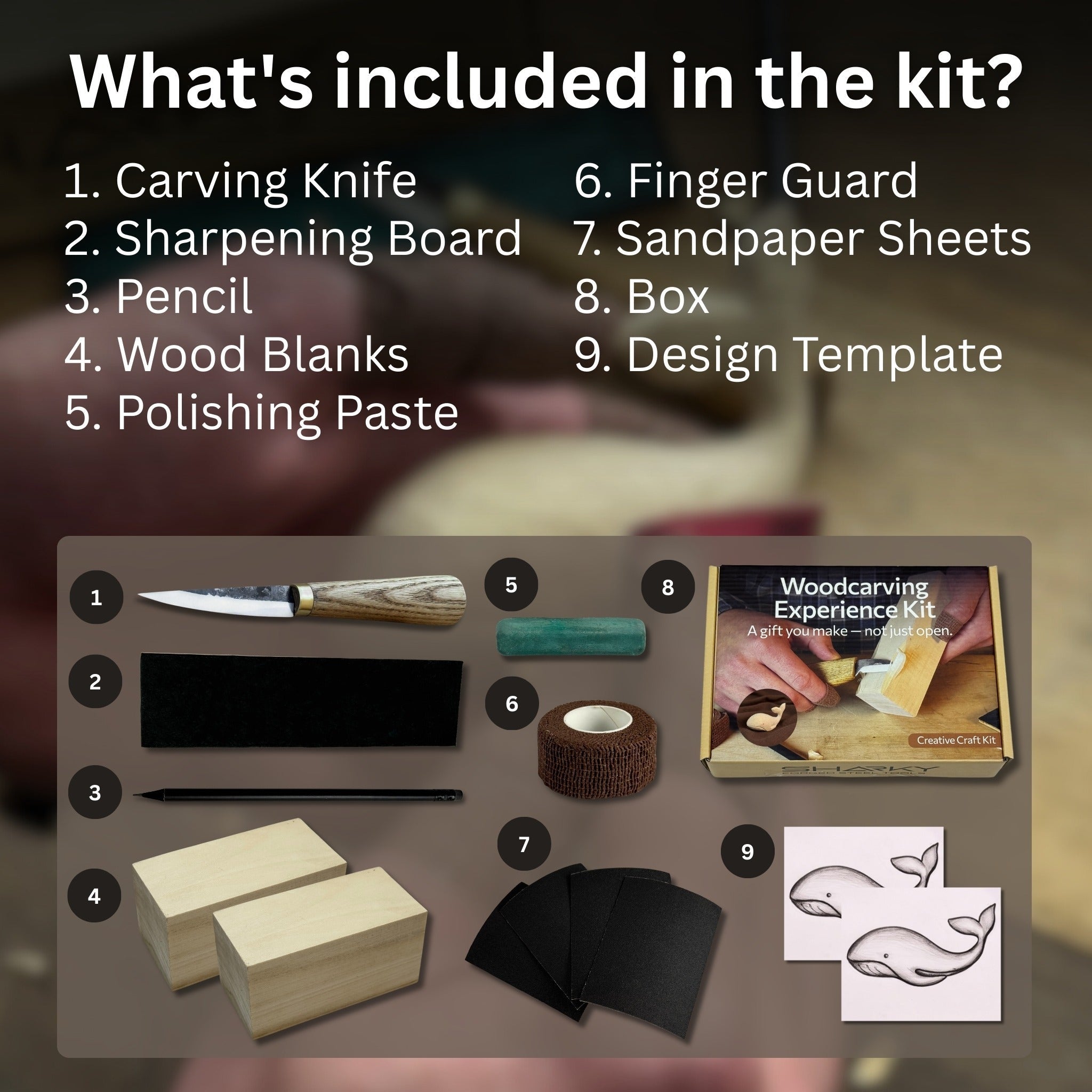 Whale Carving Kit with knife, wooden blocks, sandpaper, sharpening board, pencil, and whale drawing template