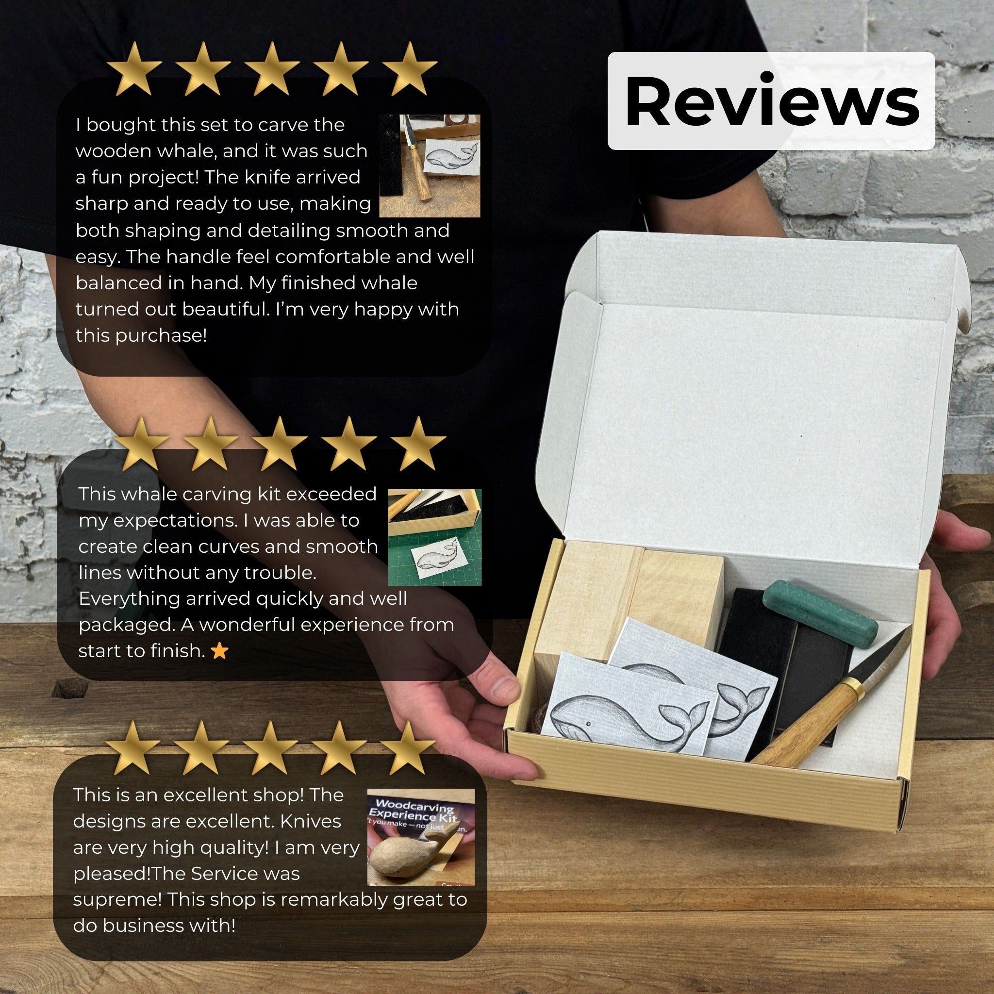 Whale Carving Kit with knife, wooden blocks, sandpaper, sharpening board, pencil, and whale drawing template