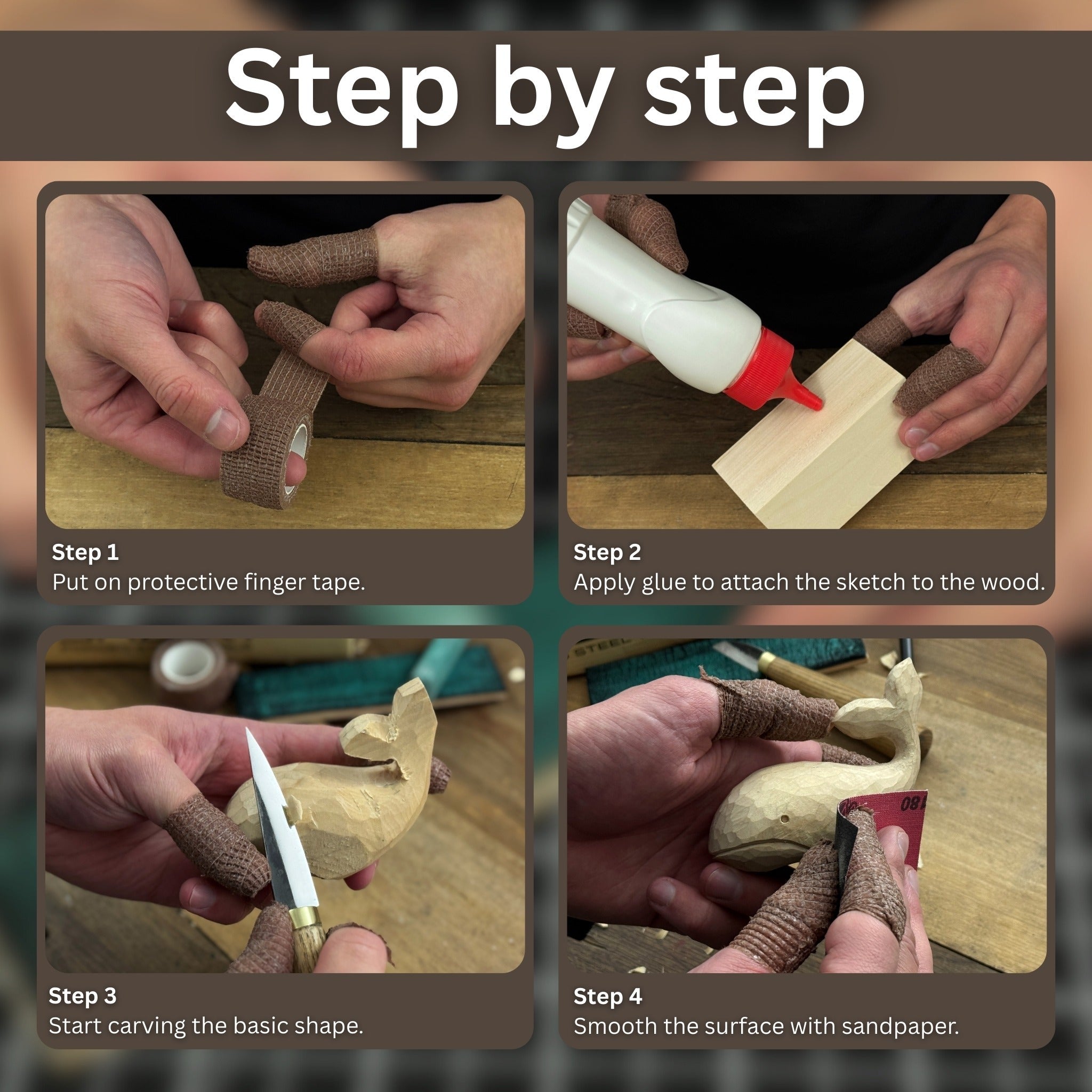 Whale Carving Kit with knife, wooden blocks, sandpaper, sharpening board, pencil, and whale drawing template
