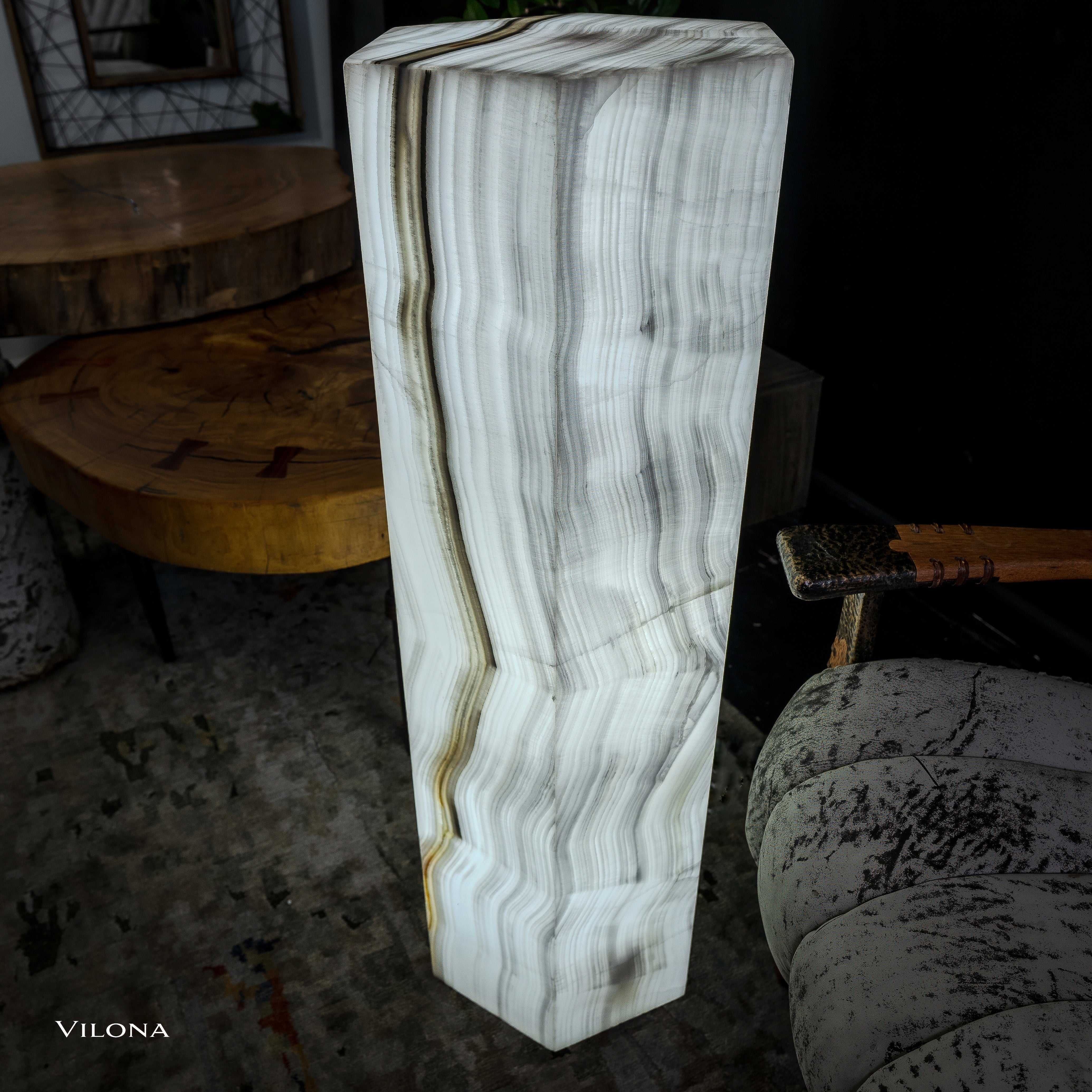 White Ice Onyx Floor Lamp - Small - 39.5"H x 13.5"W - Hexagon - #1 by Vilona Onyx - product image 5 for Resin Society