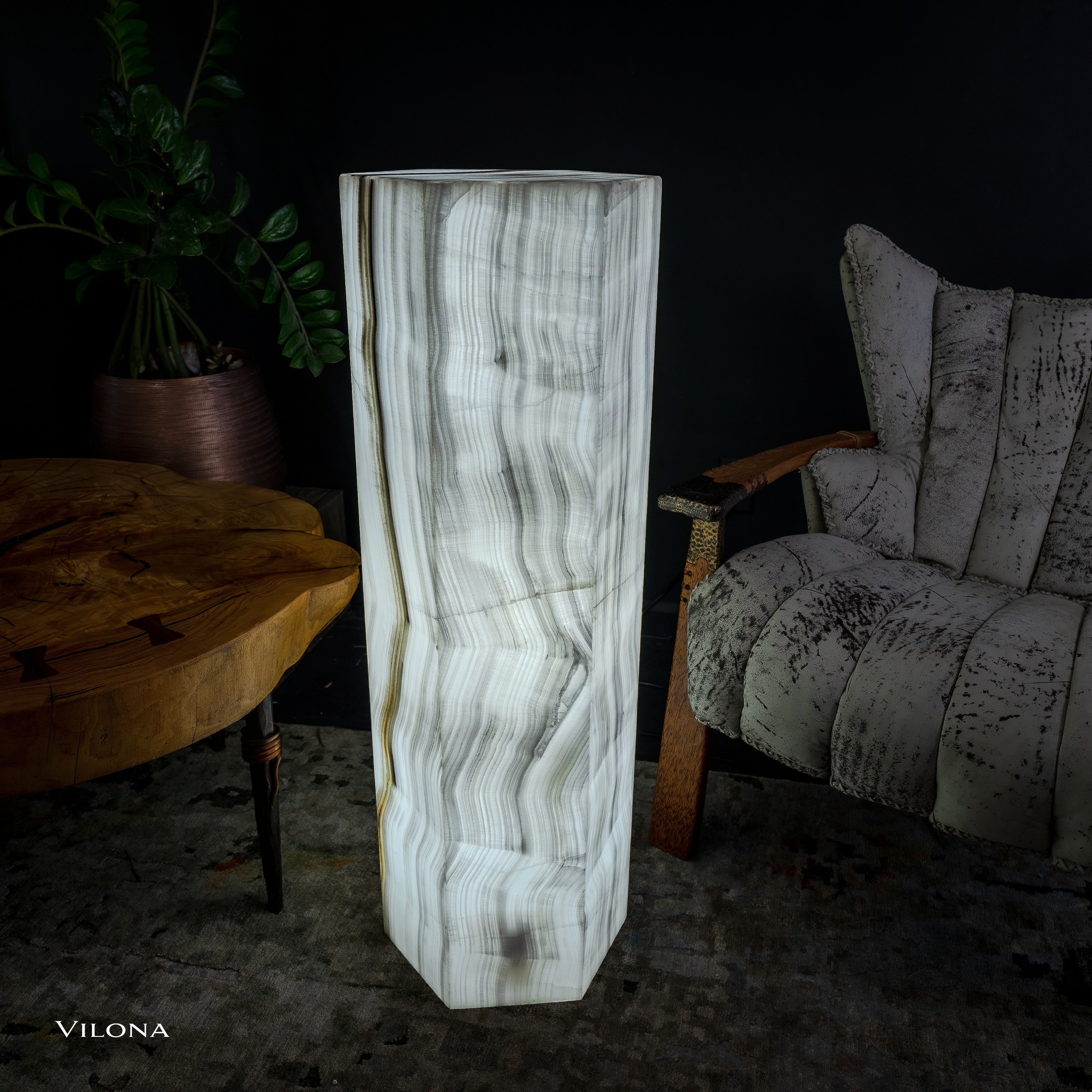 White Ice Onyx Floor Lamp - Small - 39.5"H x 13.5"W - Hexagon - #1 by Vilona Onyx - product image 3 for Resin Society