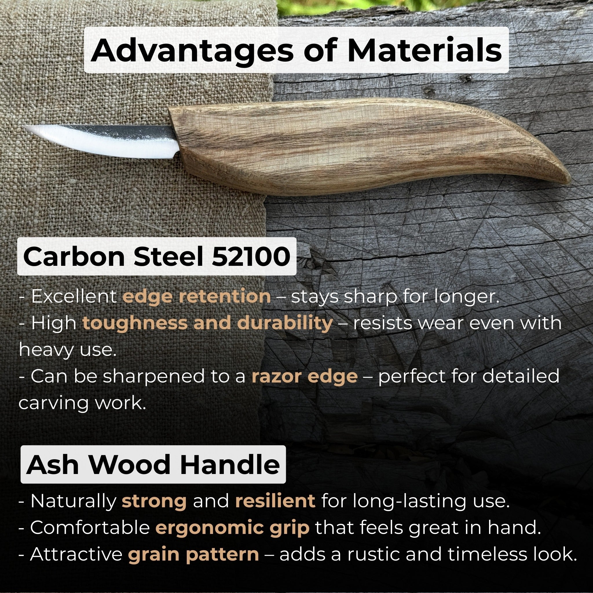 Whittling Knife for Wood Carving with carbon steel blade and ash wood handle