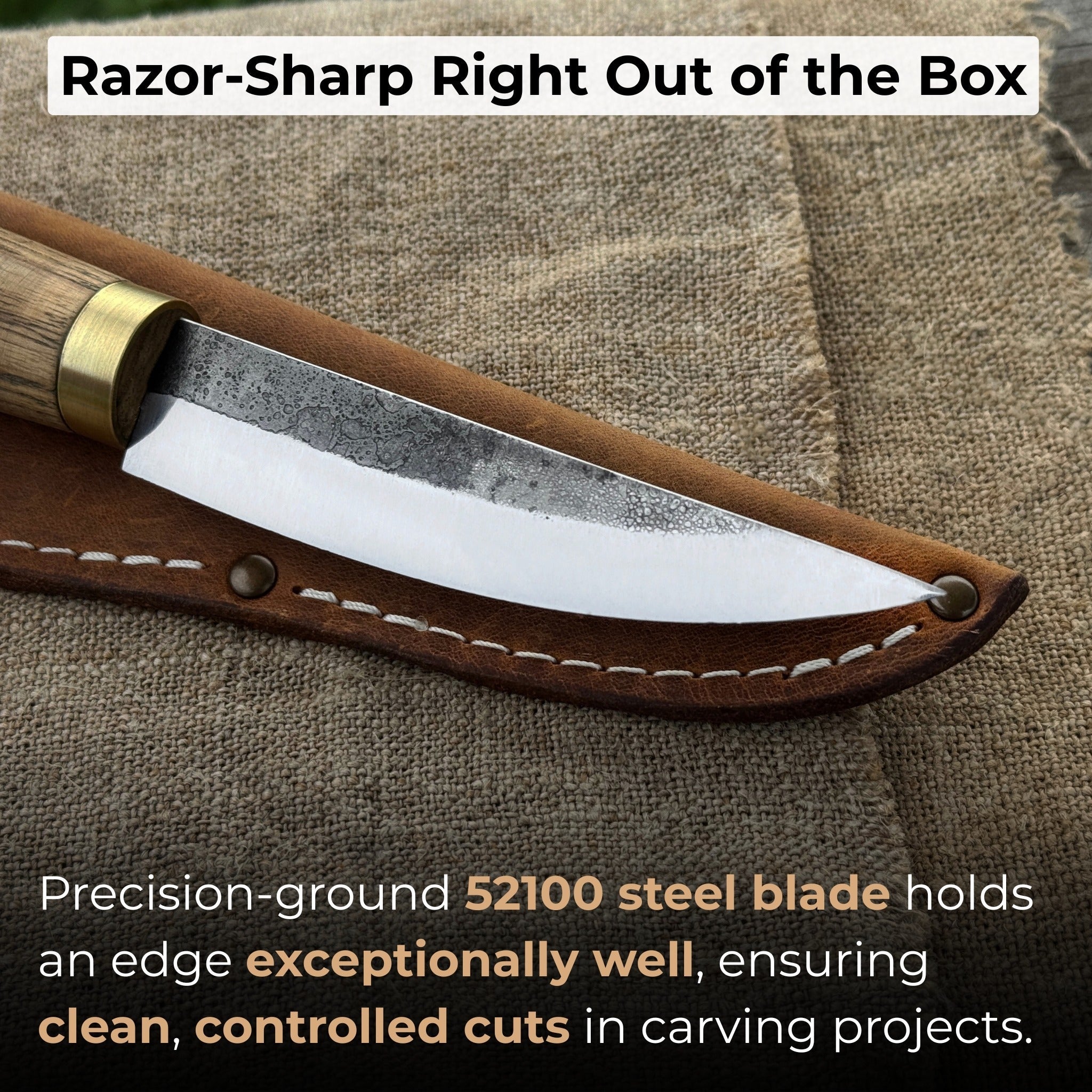 Hand-forged whittling sloyd knife with 10 cm carbon steel blade and leather sheath