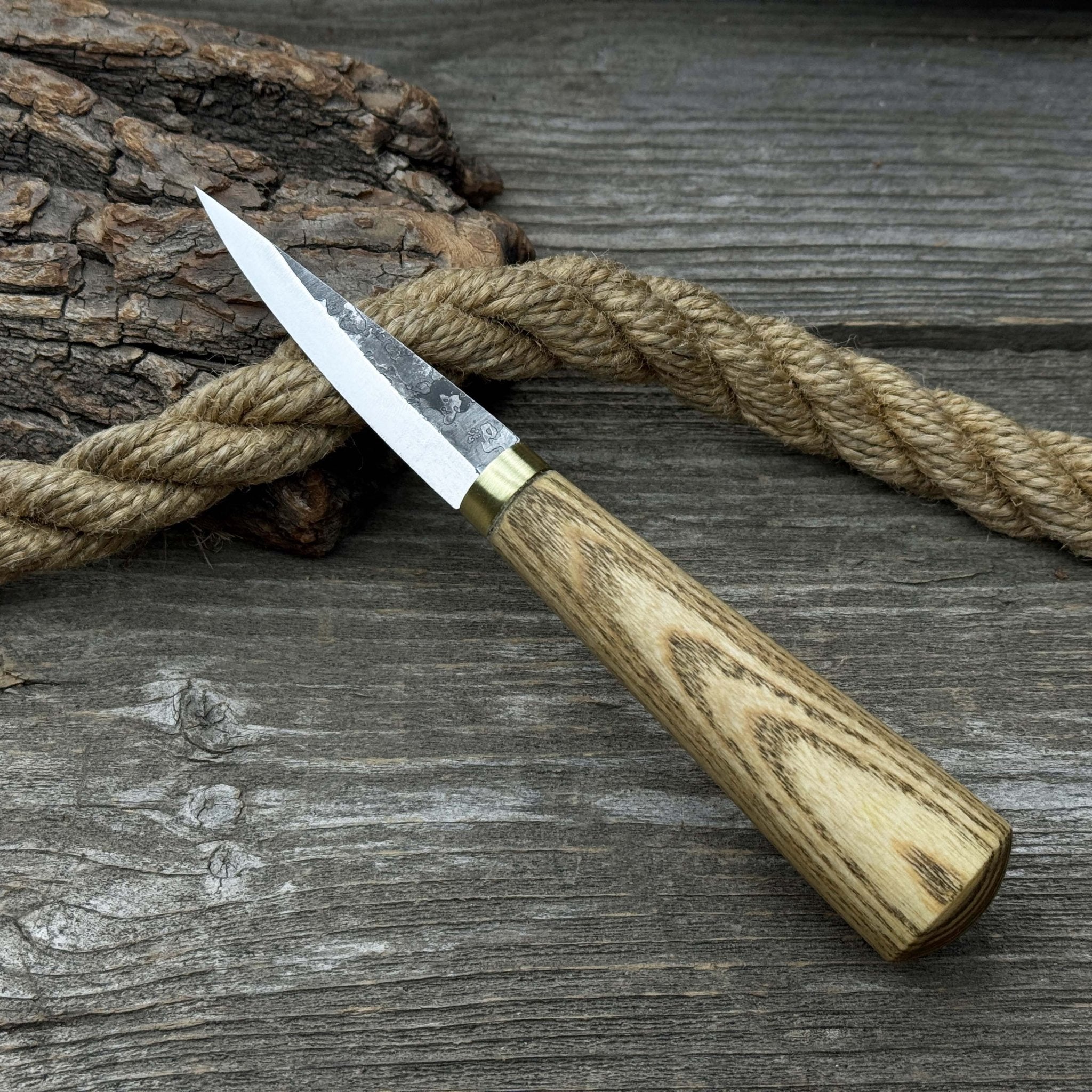 Hand-forged whittling sloyd knife with leather sheath and ash wood handle