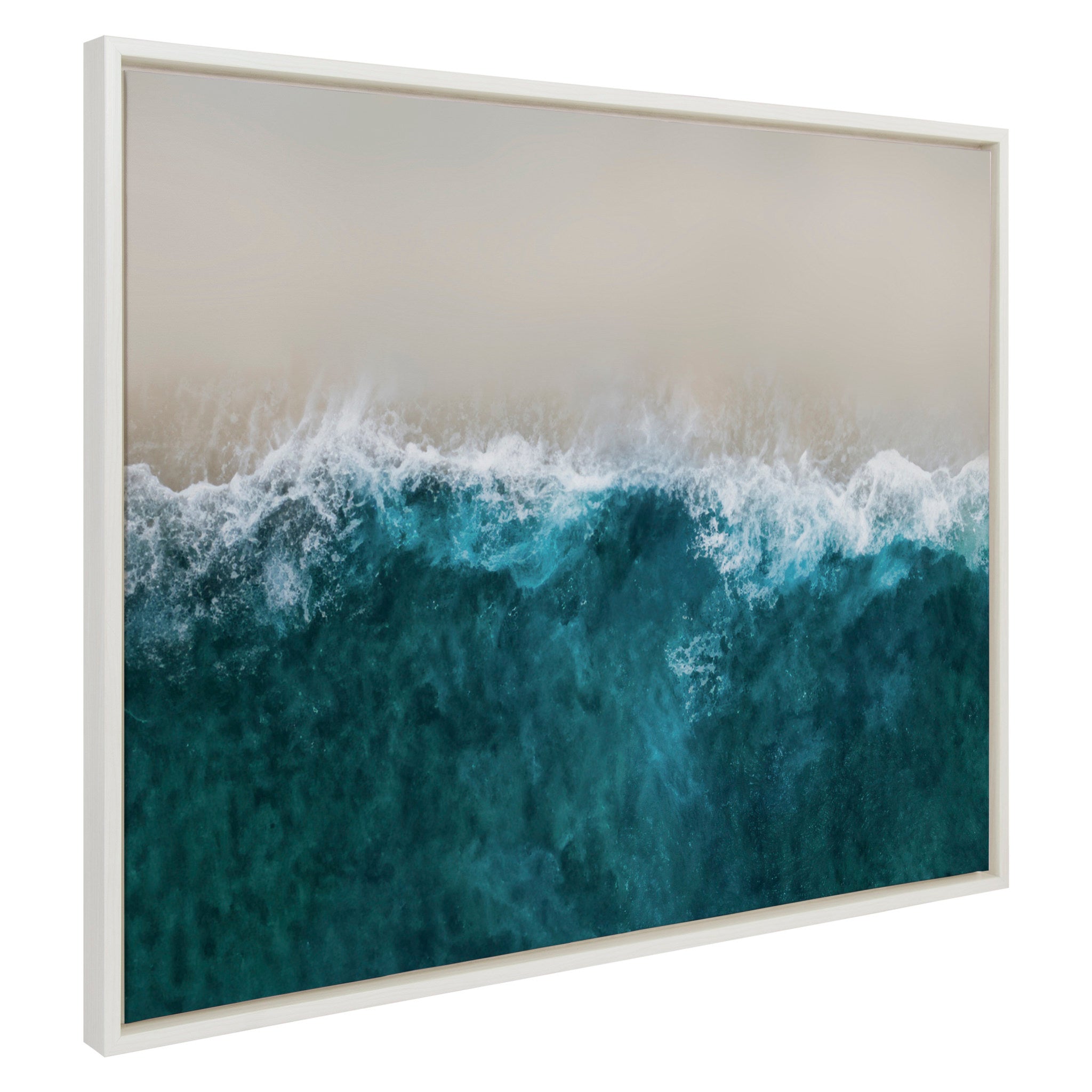 Sylvie Waves Crashing on the Beach framed canvas showing aerial view of waves breaking on the shore