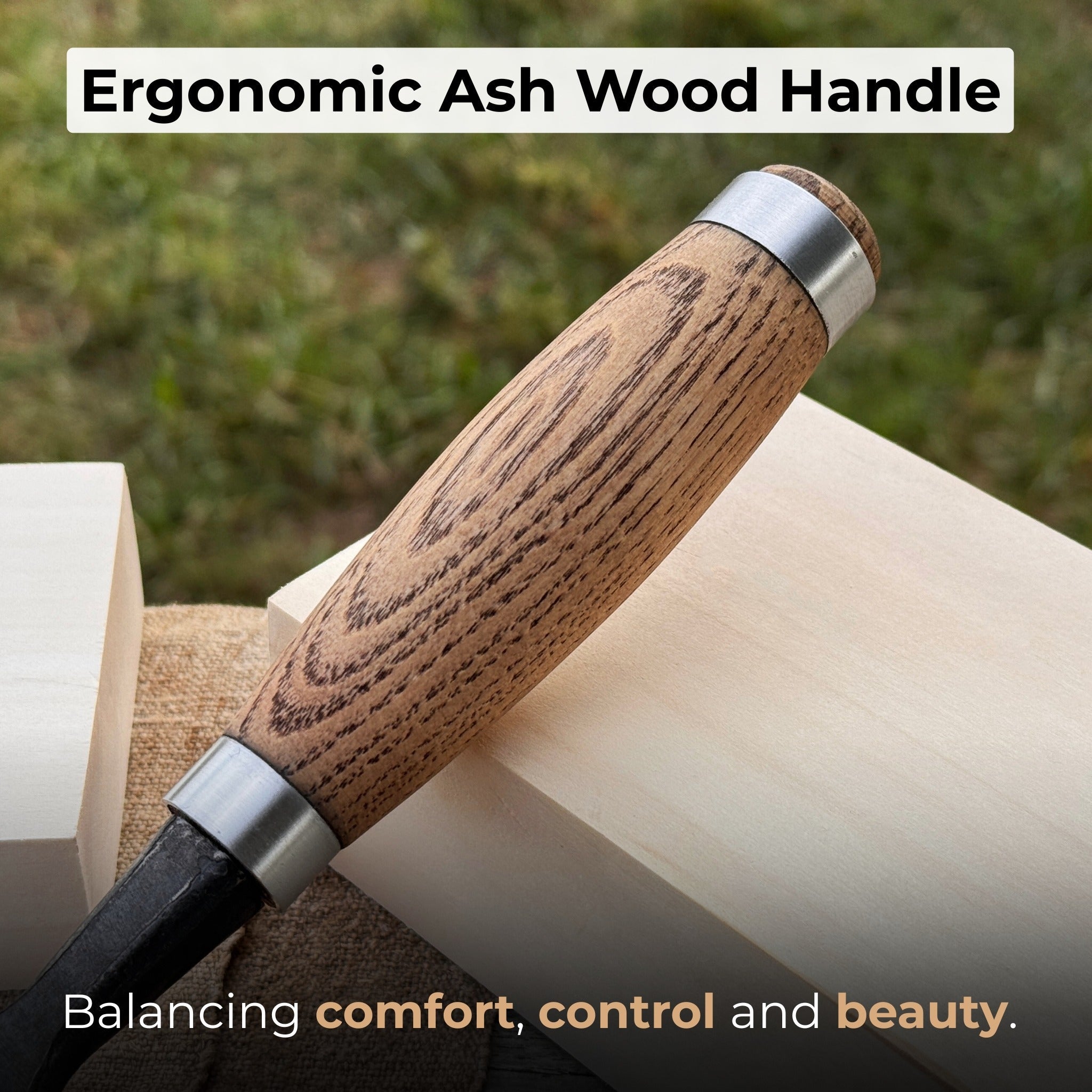 Hand-forged wood carving chisel with ash wood handle and carbon steel blade