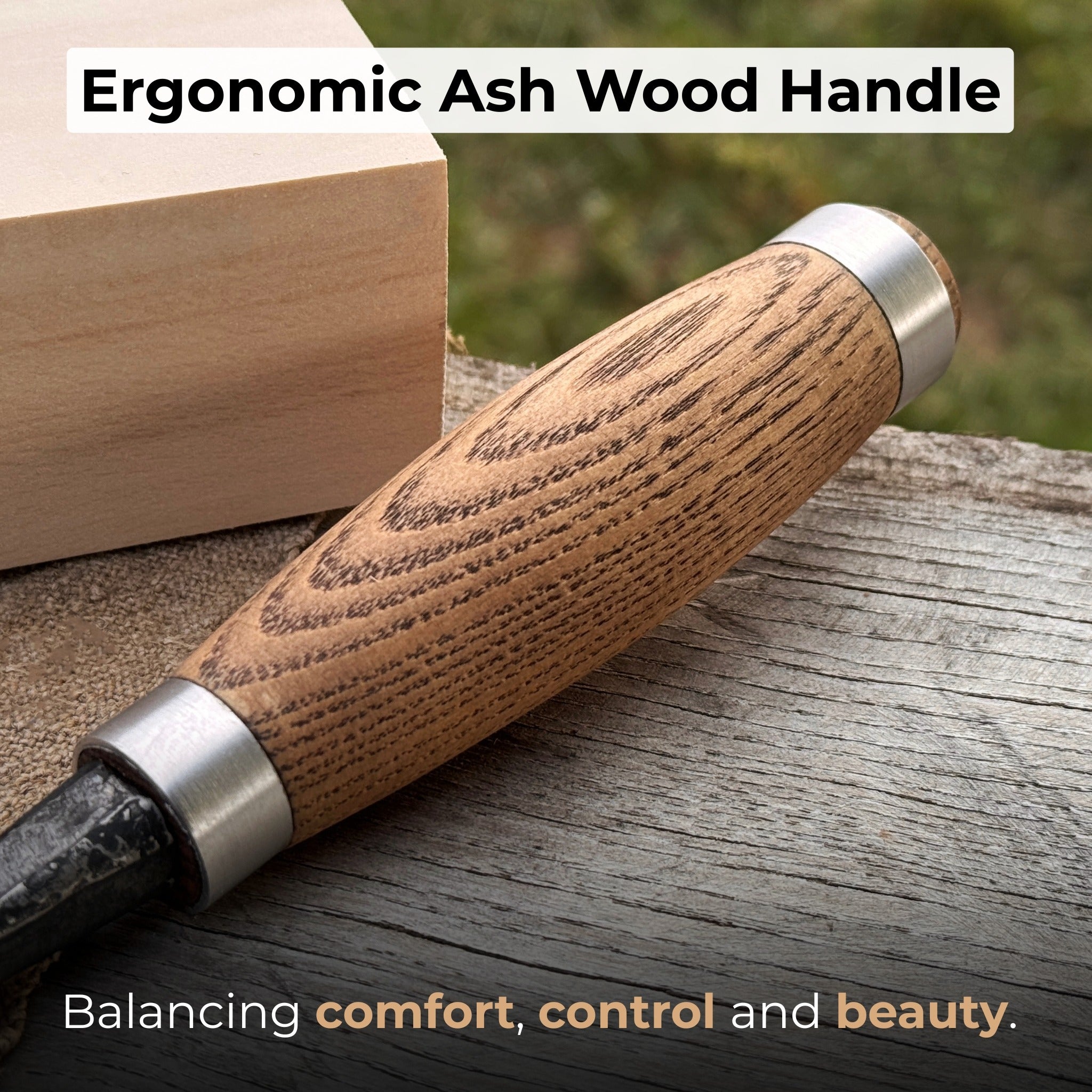 Hand-forged wood carving chisel with ash handle and carbon steel blade