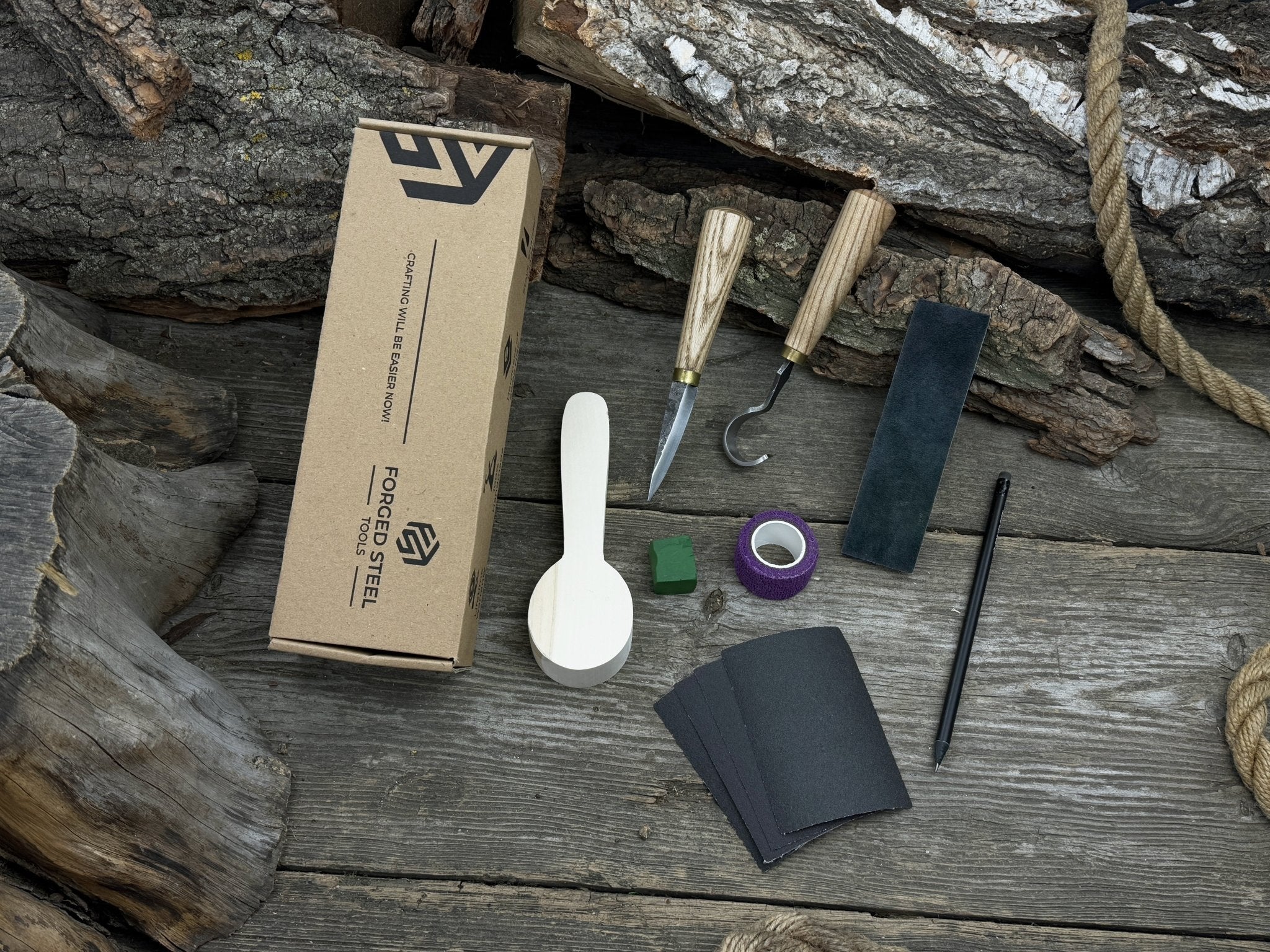 Wood Whittling Kit for Beginners Spoon Carving Edition with knives, wooden blank, sandpaper, and sharpening board
