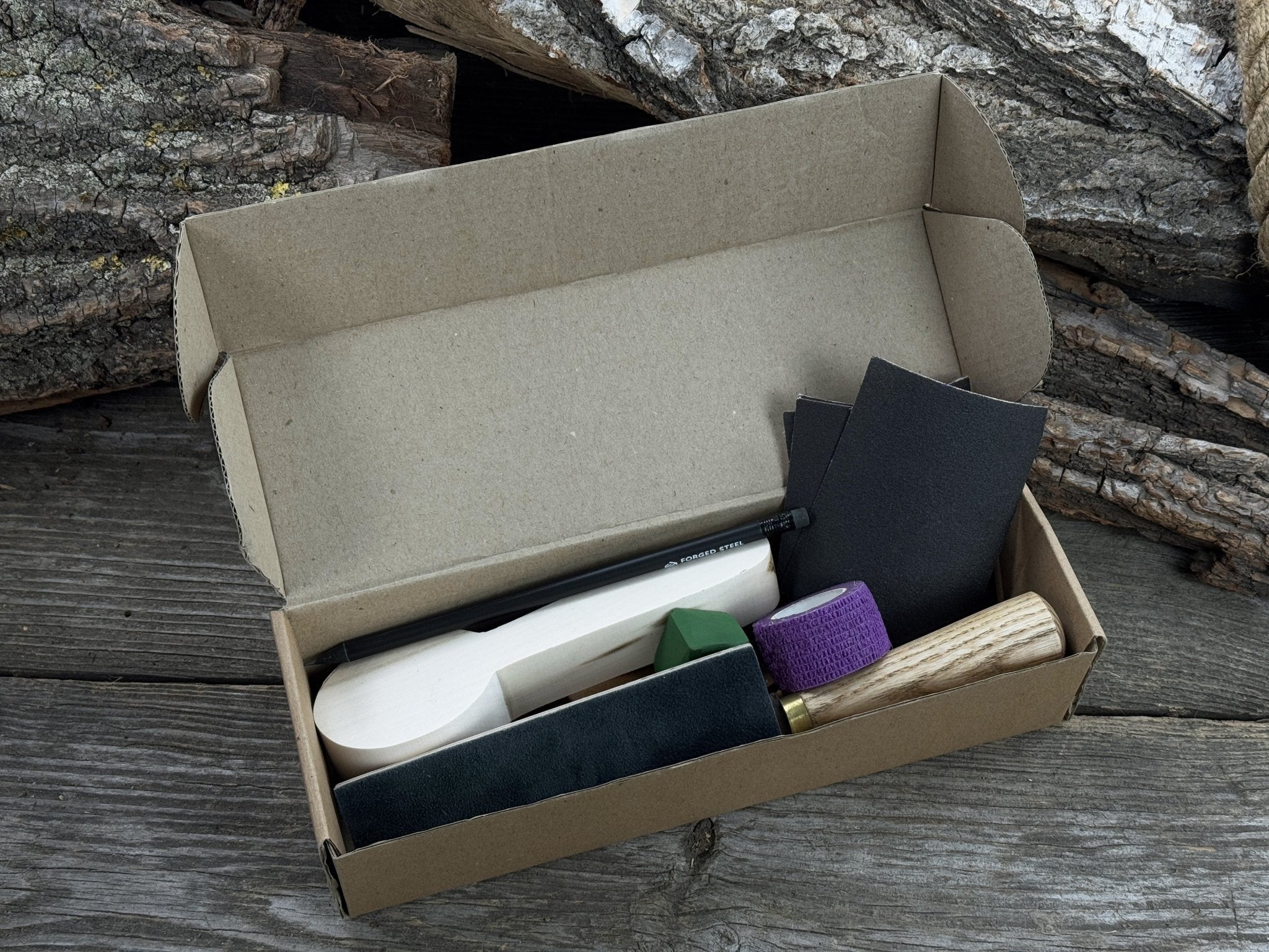 Wood Whittling Kit for Beginners Spoon Carving Edition with knives, wooden blank, sandpaper, and sharpening board