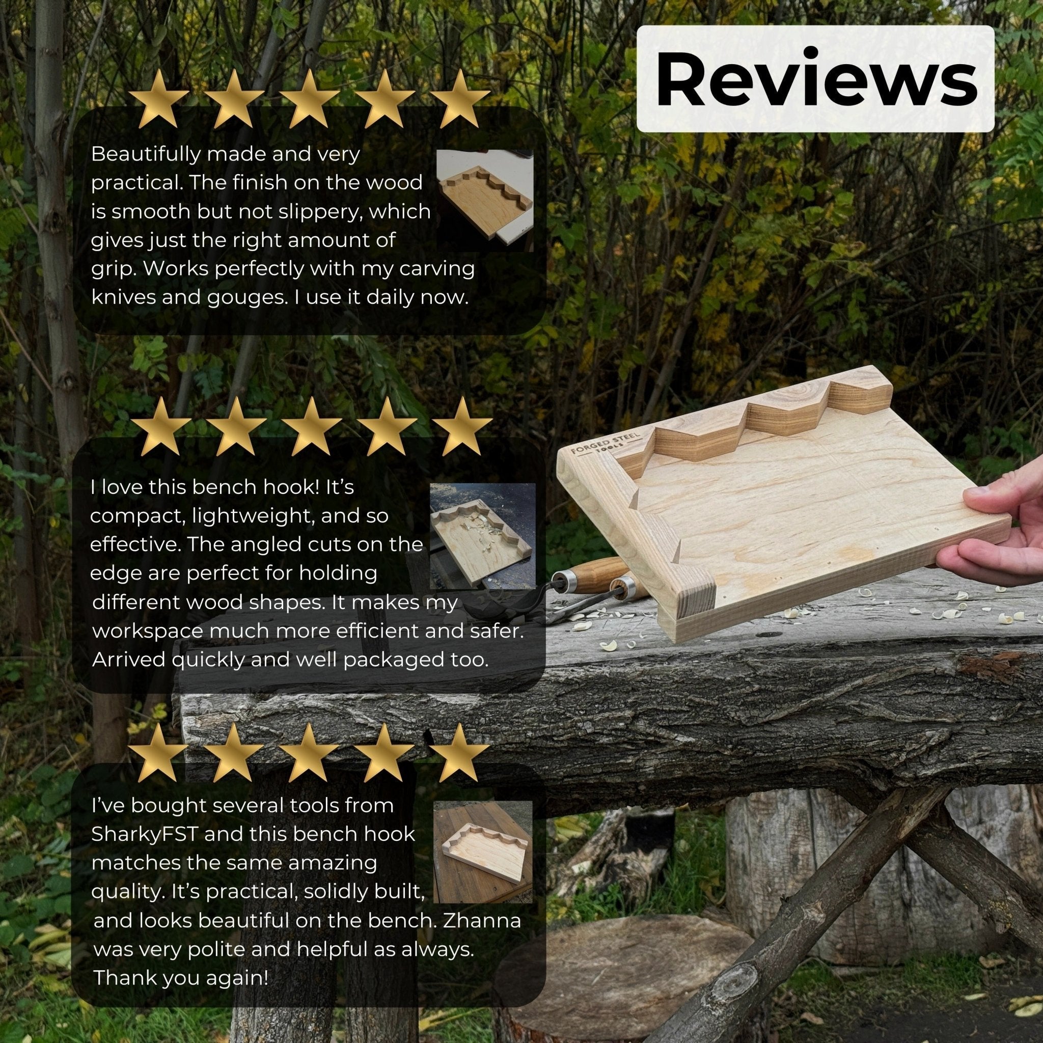 Handcrafted wooden bench hook for carving and chiseling by Sharky Forged Steel Tools