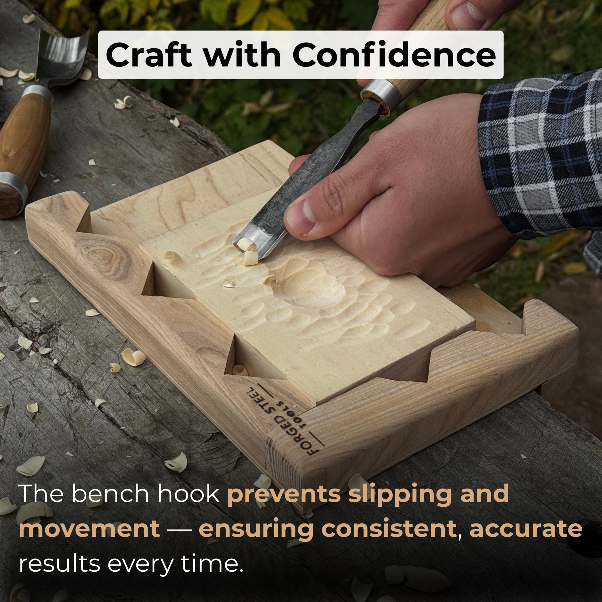 Handcrafted wooden bench hook for carving and chiseling by Sharky Forged Steel Tools
