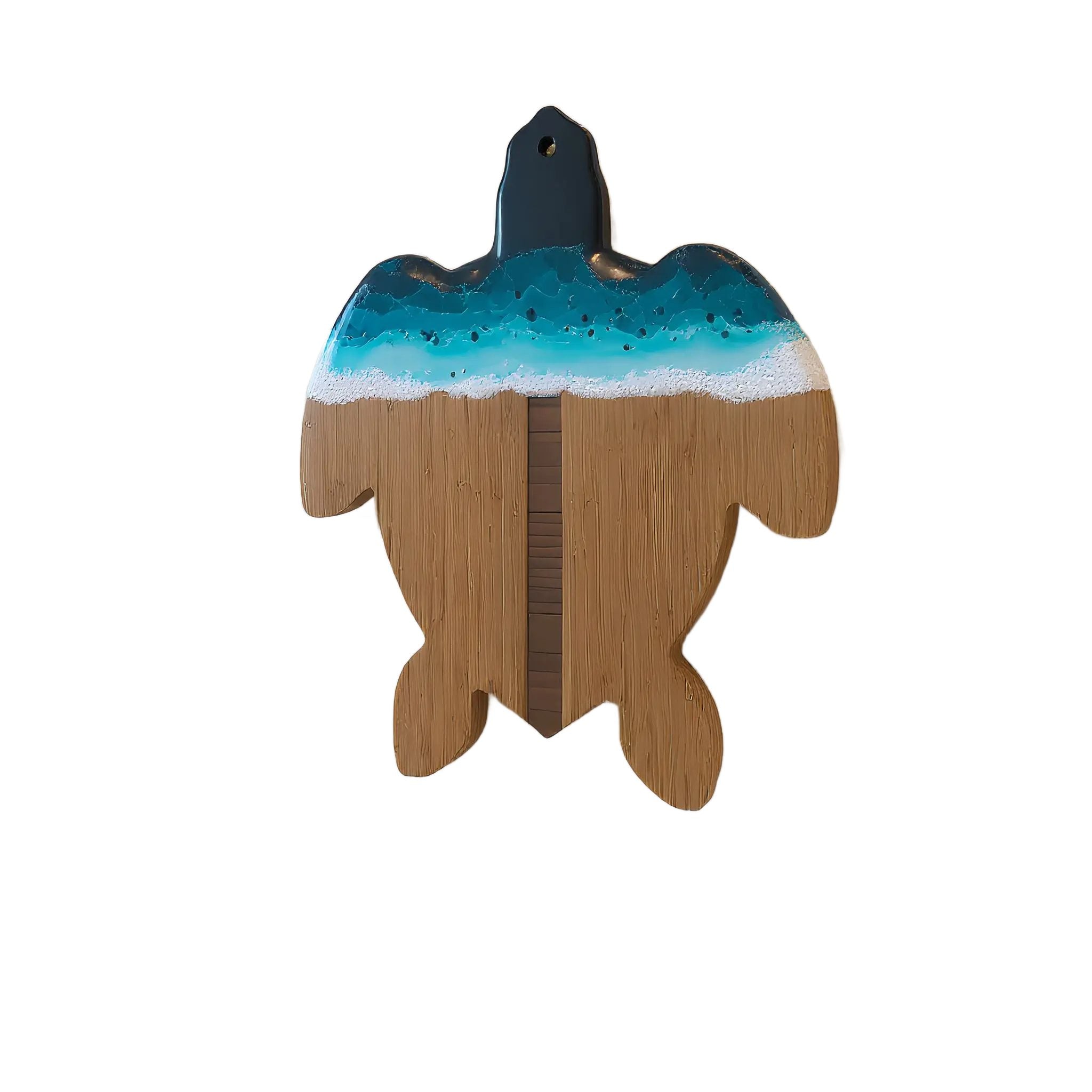 Resin Turtle Serving Tray with ocean resin art and bamboo base, featuring a laser-engraved turtle design and matching cheese knife