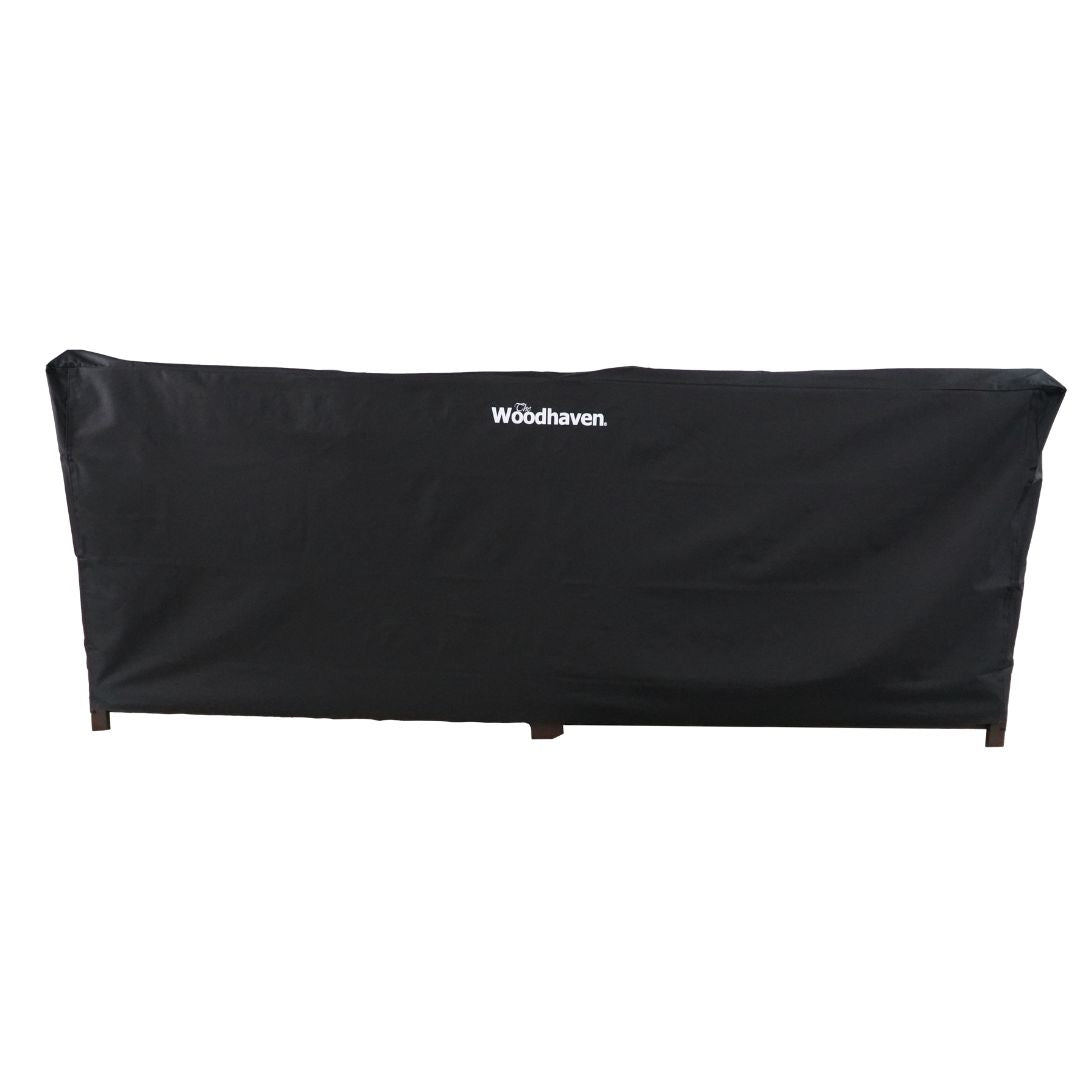 Woodhaven Full Firewood Rack Cover on firewood rack in outdoor setting