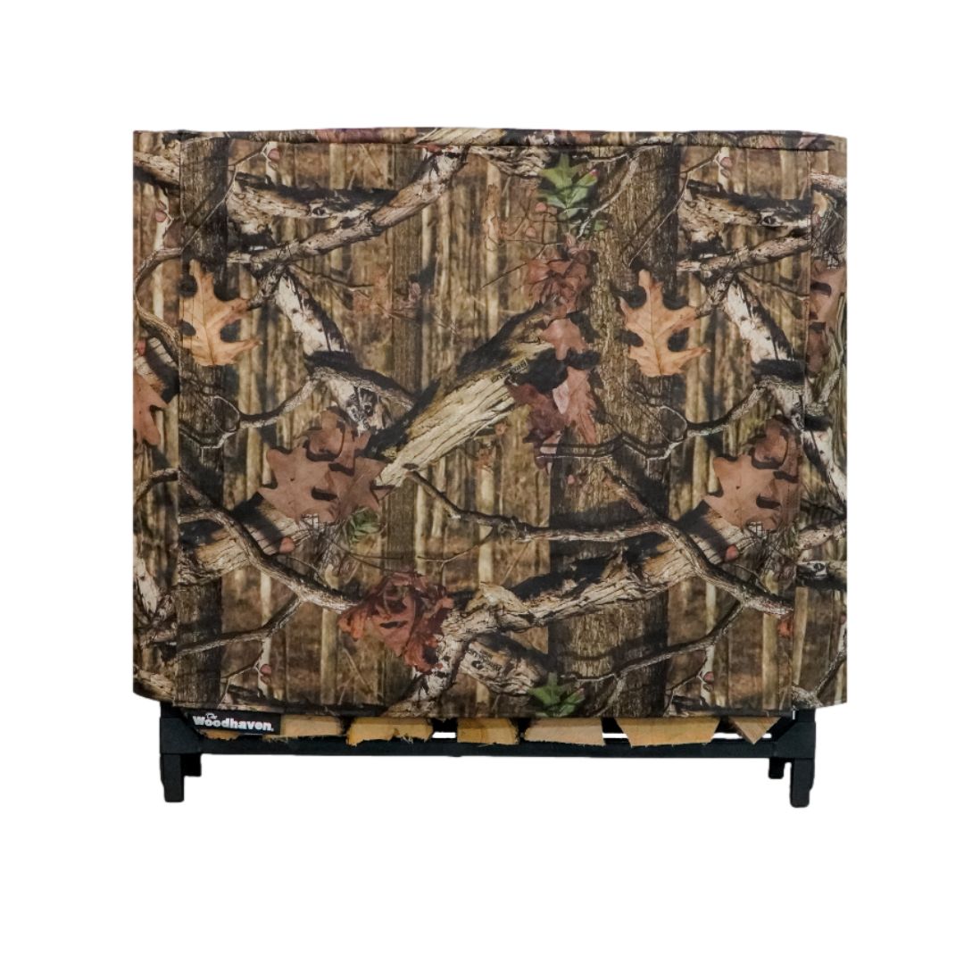 Woodhaven Full Firewood Rack Cover on firewood rack in outdoor setting