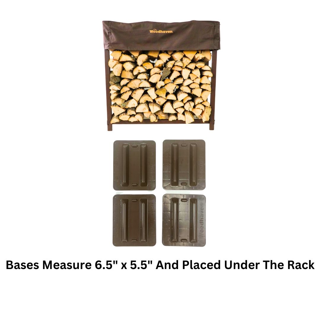 Woodhaven 3 ft Firewood Rack with seasoning cover in black finish holding stacked firewood