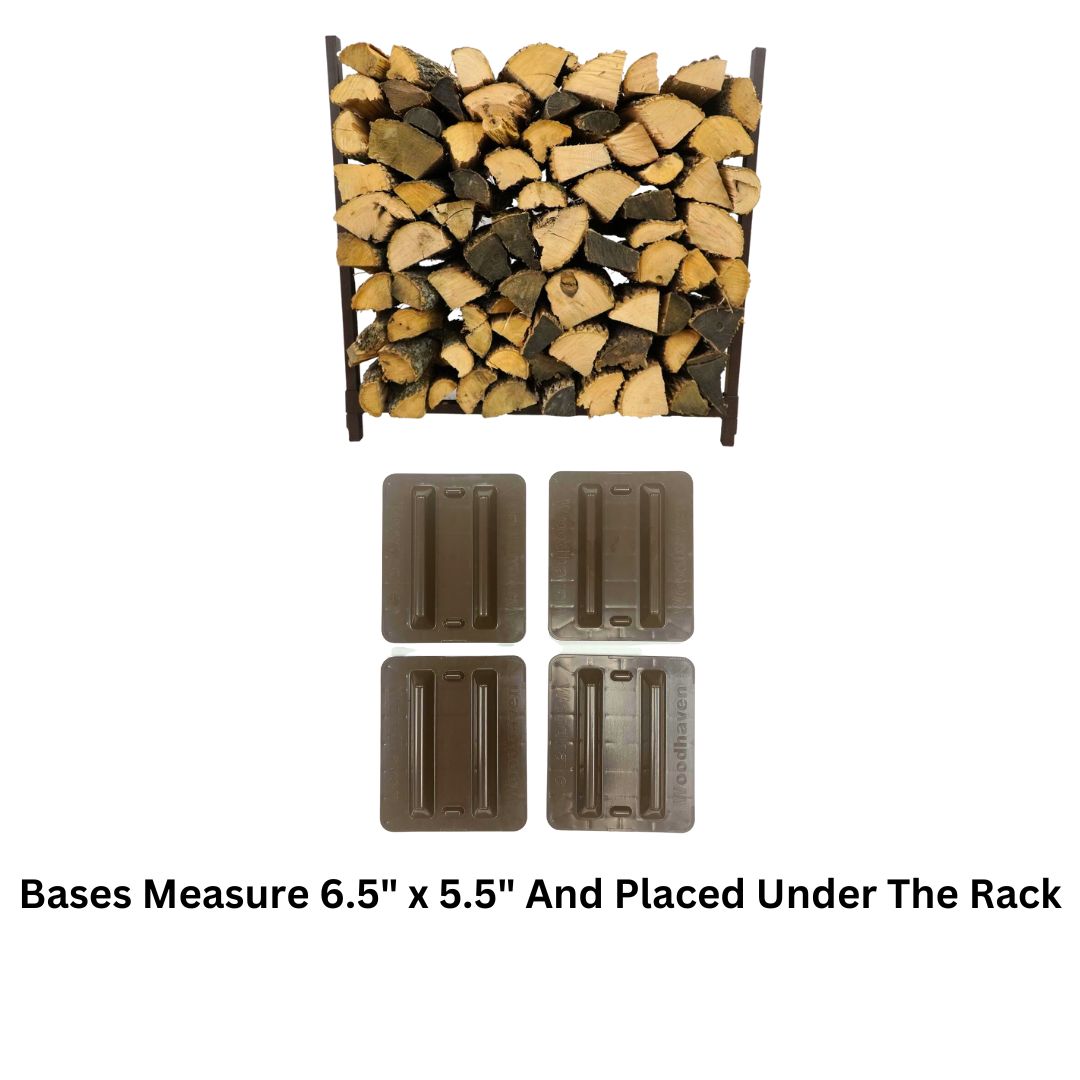 Woodhaven 3 ft Firewood Rack with seasoning cover in black finish holding stacked firewood