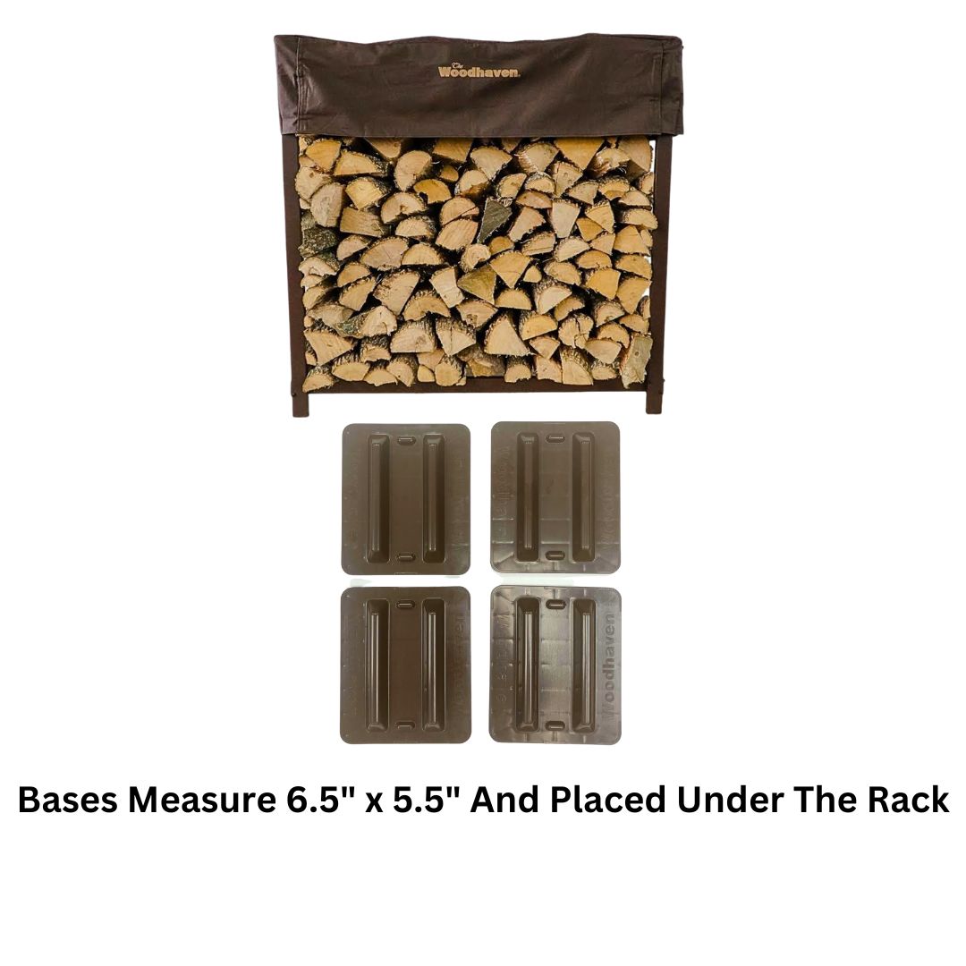 Woodhaven 4 ft Firewood Rack holding stacked firewood outdoors