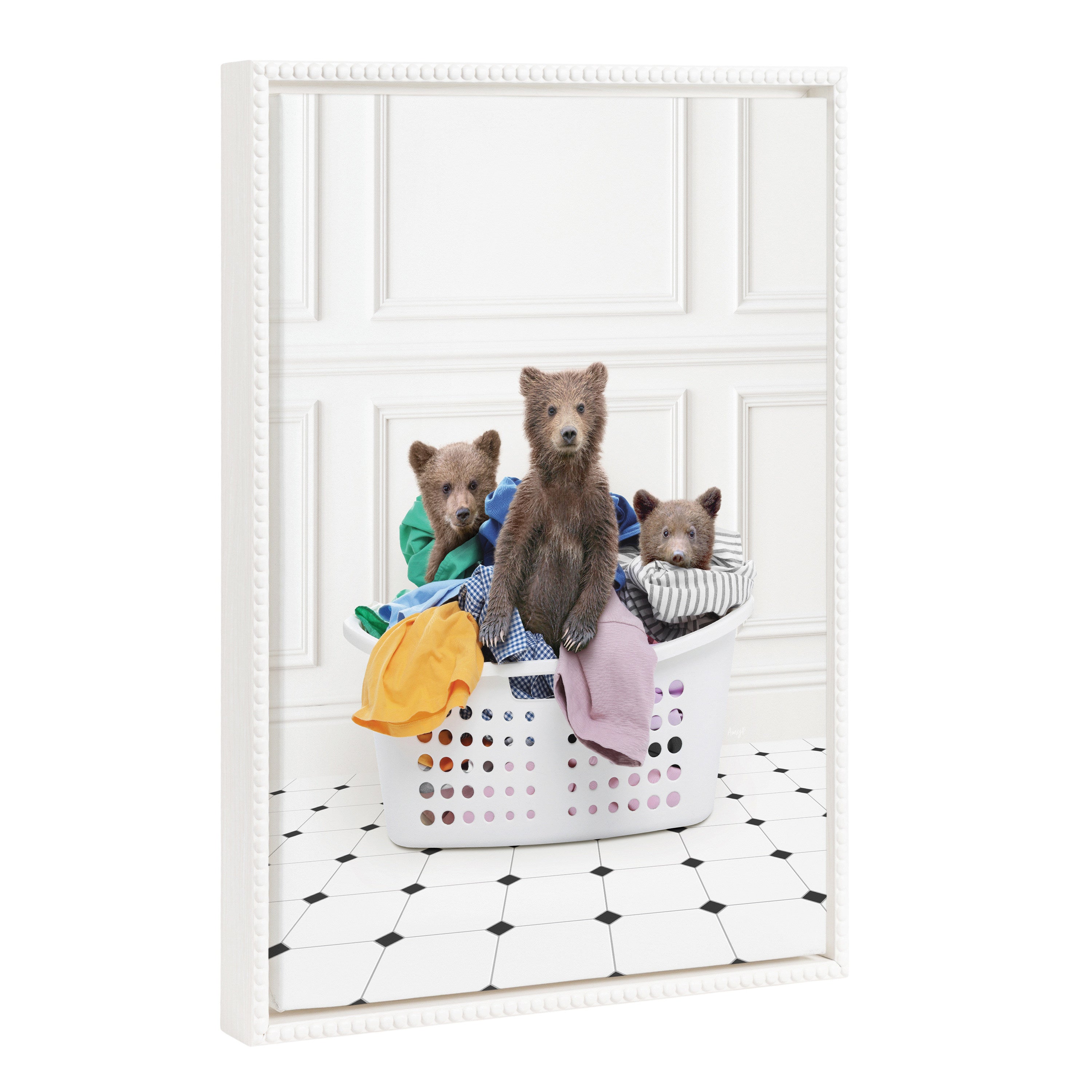 Sylvie Beaded Three Bears In Laundry Basket Classic White Style Framed Canvas by Amy Peterson