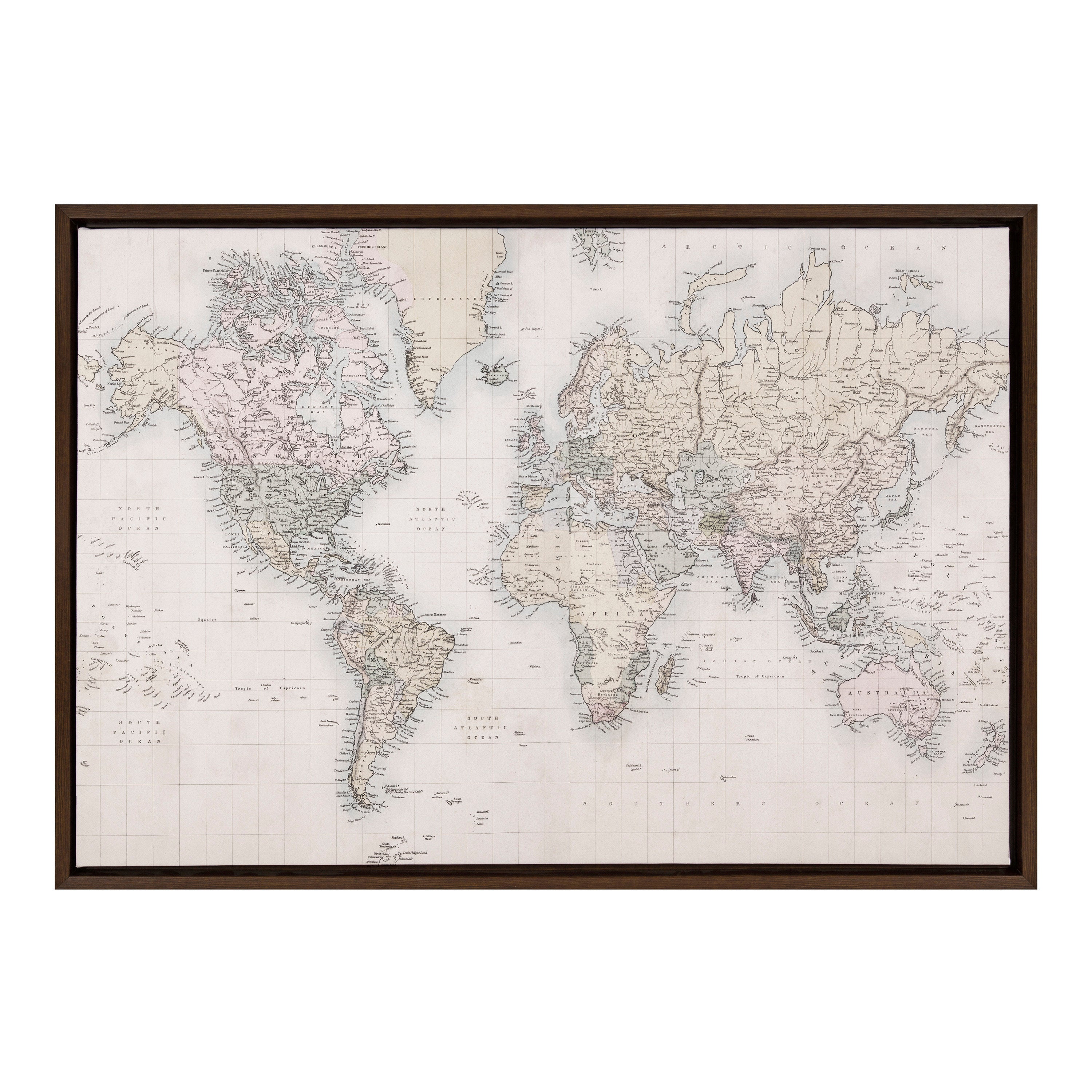 Sylvie Vintage World Map Framed Canvas by The Creative Bunch Studio by kateandlaurel - main product image for Resin Society