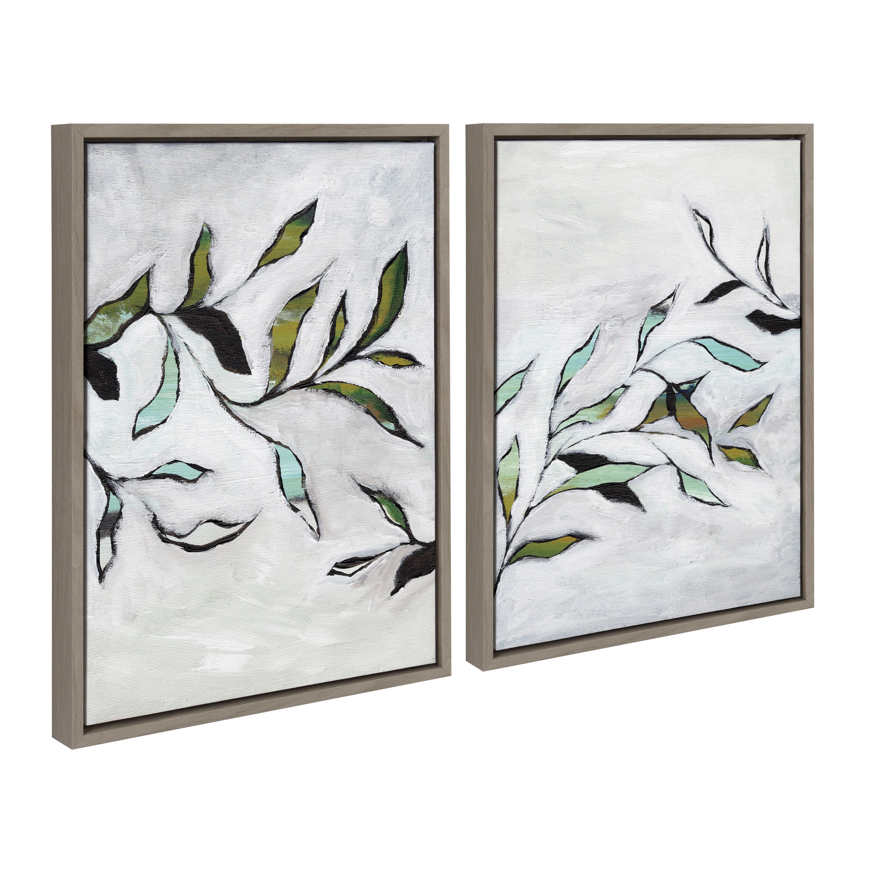 Framed canvas art set Sylvie Branch I and II showing gray brushstroke designs on floating frames