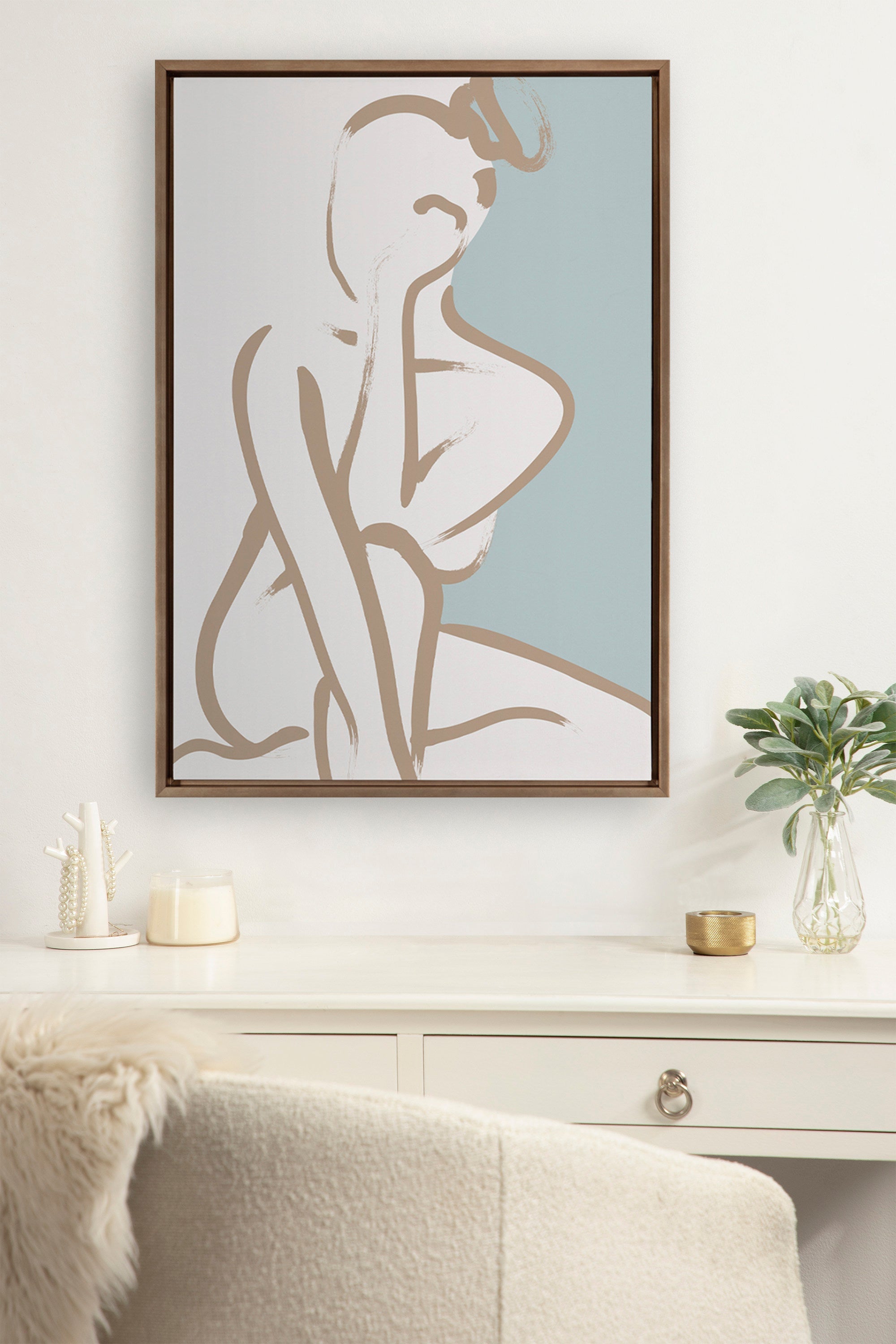 Sylvie Simple Romantic Line Art Drawing 1 Tan and Teal Framed Canvas by kateandlaurel - product image 4 for Resin Society