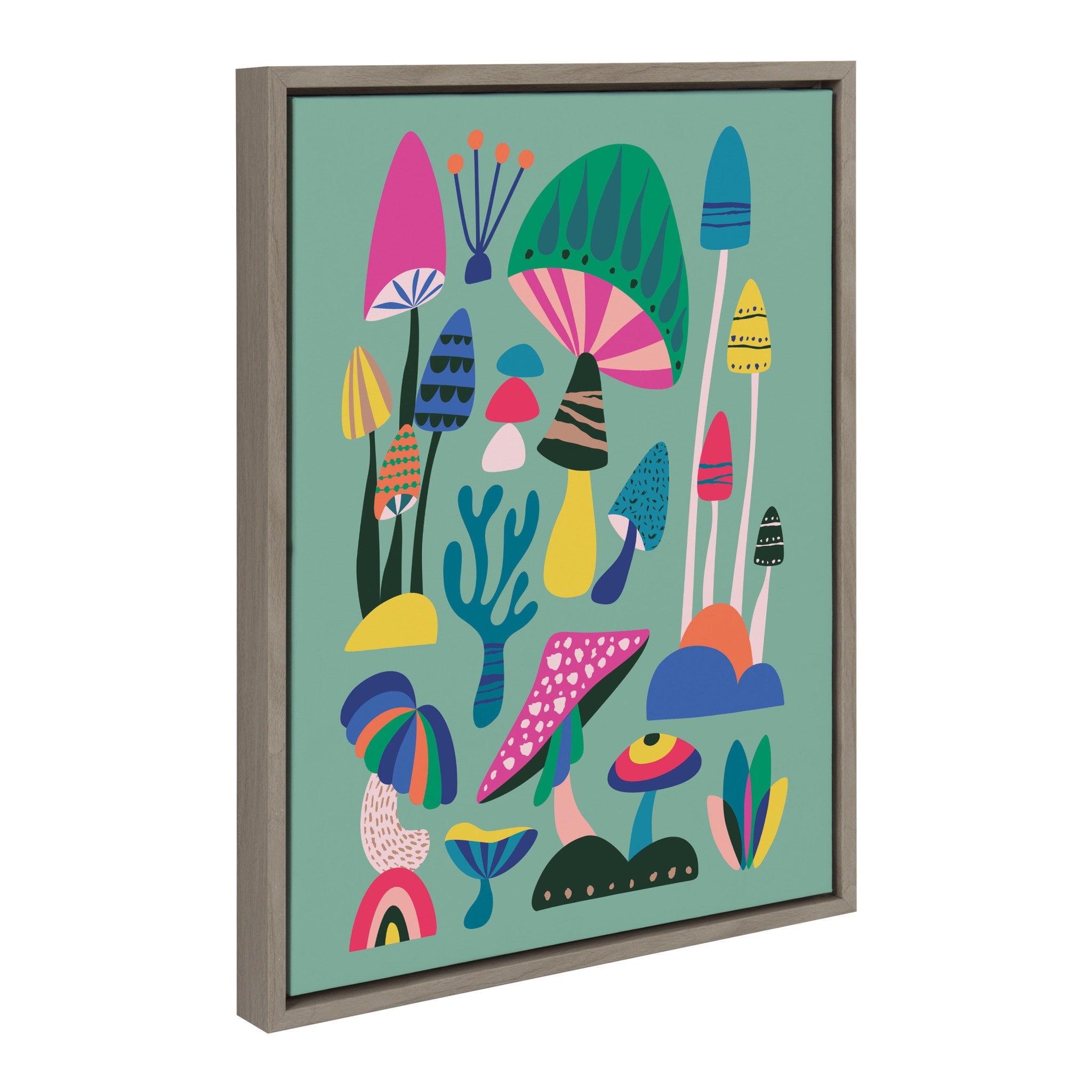 Sylvie Mid Century Modern Magic Mushrooms framed canvas showing colorful mushroom and plant illustrations in a modern gray frame.