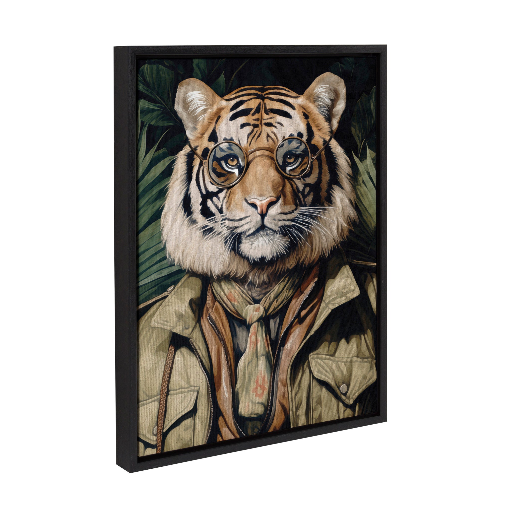Framed canvas art featuring a whimsical tiger portrait with dark academia jungle safari style, in a black frame.