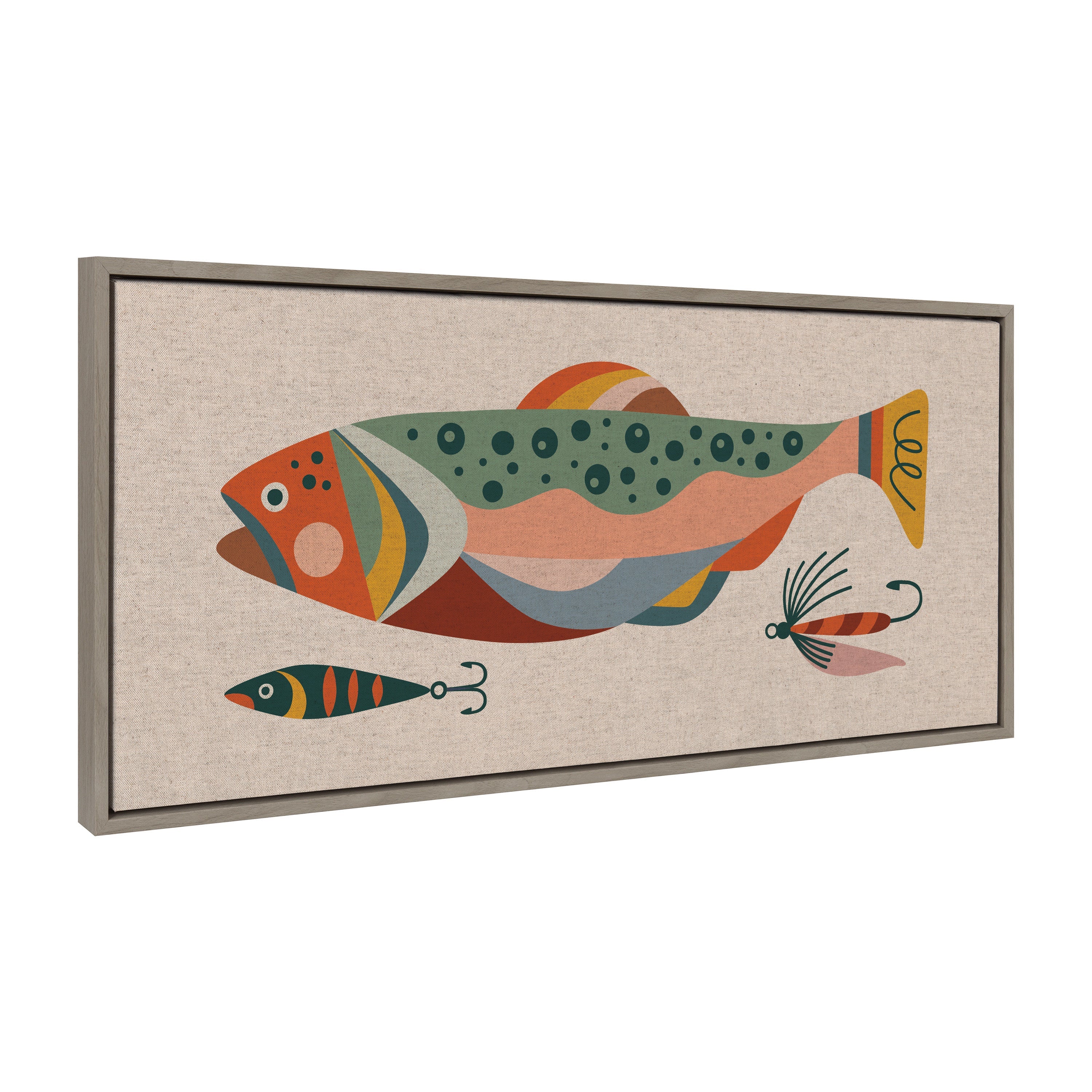 Sylvie Gone Fishing Neutral Linen Texture framed canvas artwork by Rachel Lee depicting colorful fish illustration.
