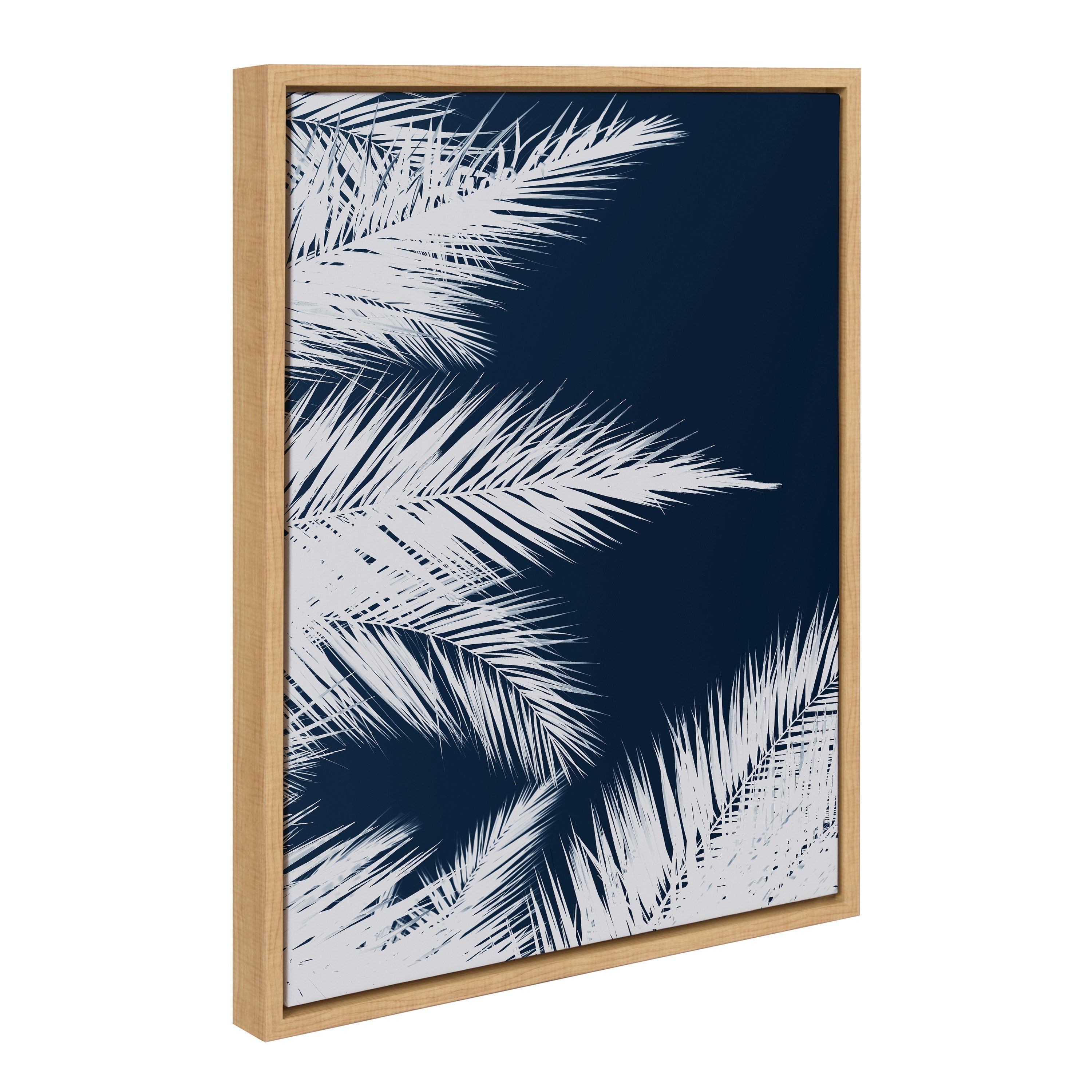 Framed Sylvie Palm Cyanotype 1 gallery-wrapped canvas art with blue and white palm fronds
