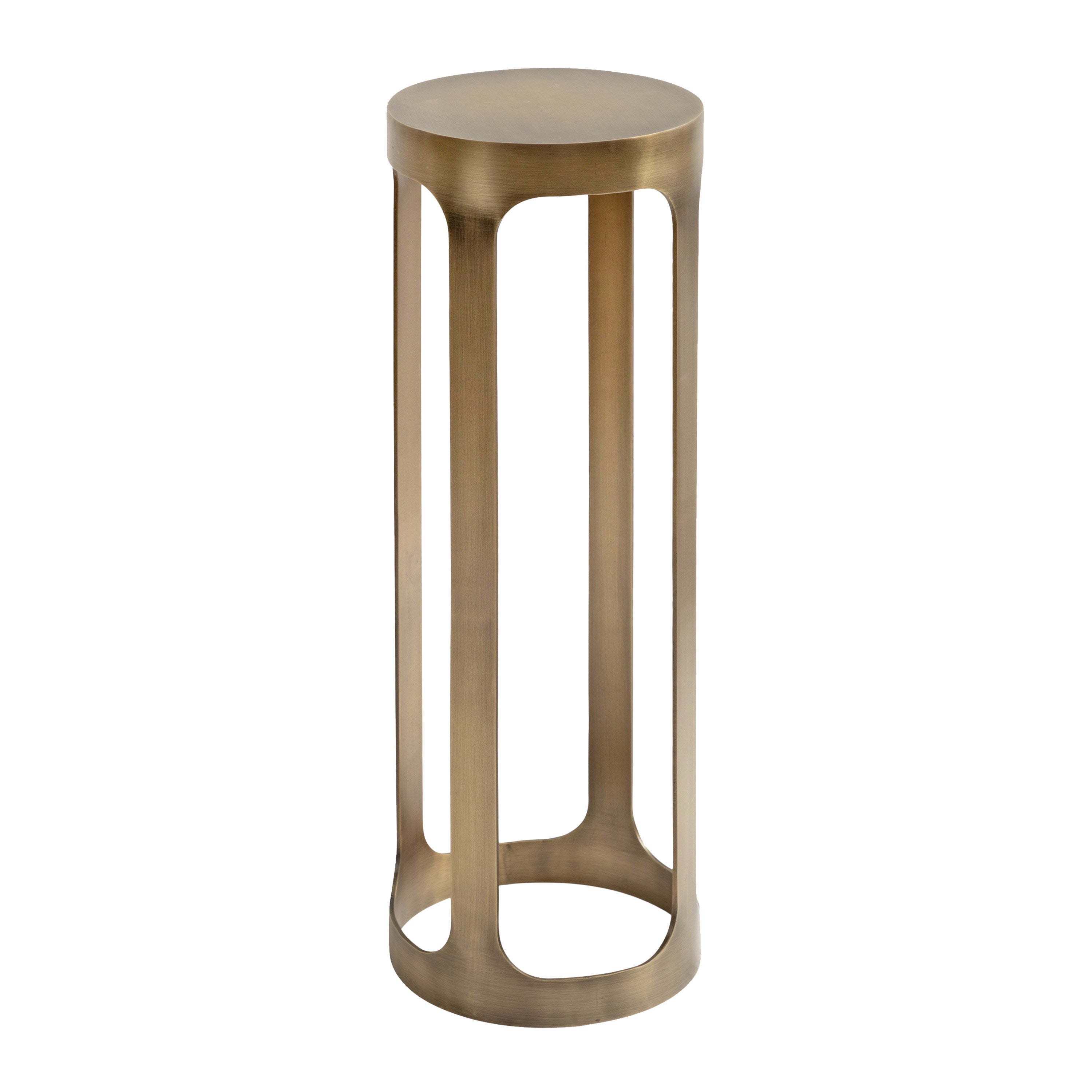 Dahl Metal Drink Table in pewter color with round slatted top and metal risers