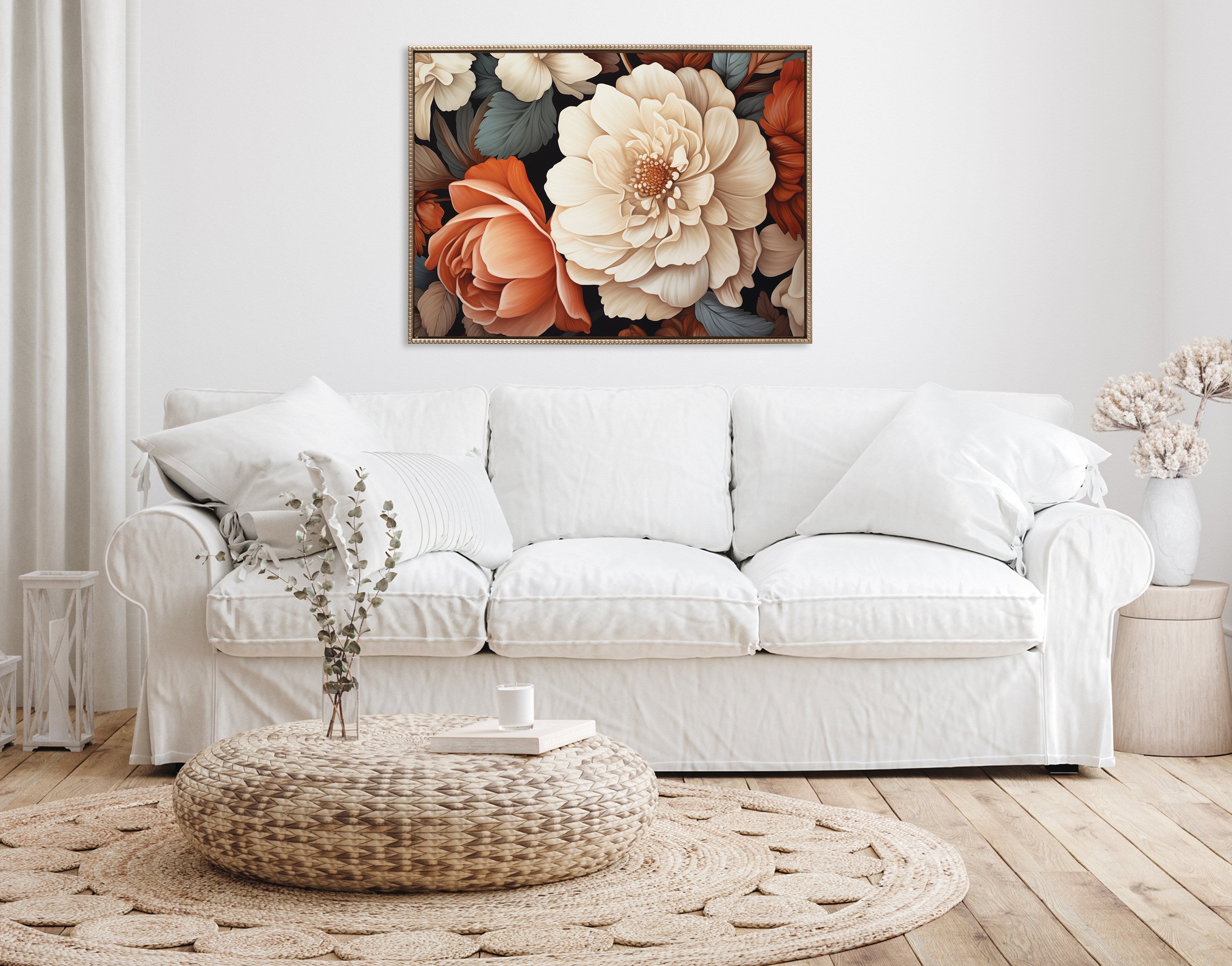 Sylvie Beaded Romantic Ivory and Peach Flora Framed Canvas by The Creative Bunch Studio