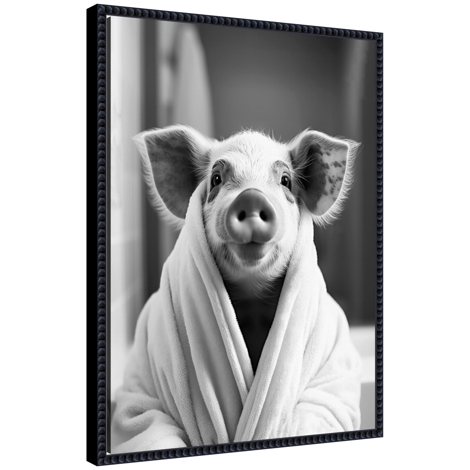 Sylvie Pig Bathroom Art Towel Robe Black and White Framed Canvas
