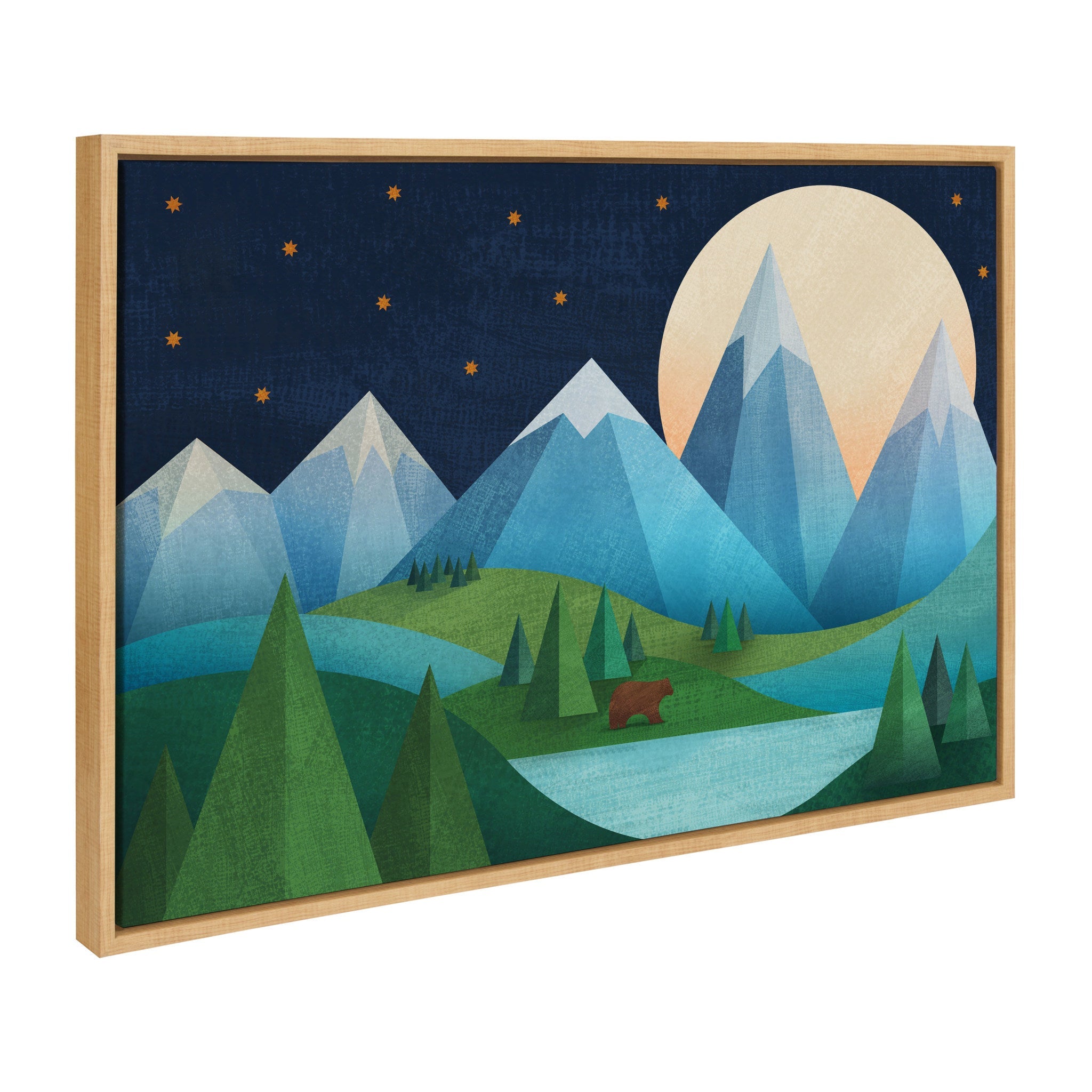 Framed canvas art showing a moonlit mountain scene with a bear near a lake