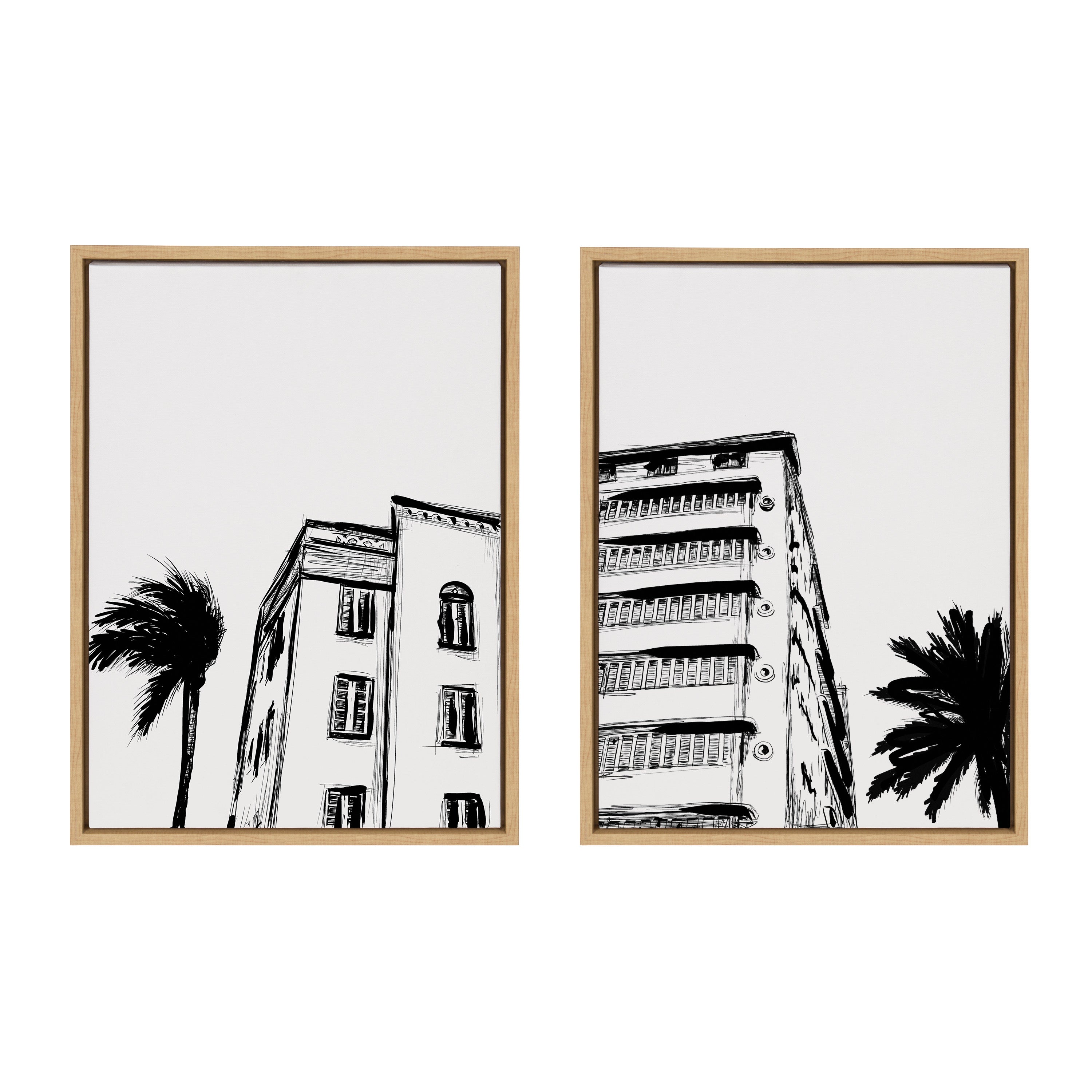 Two framed canvas artworks featuring Miami Beach retro Art Deco architecture in white and bright gold frames