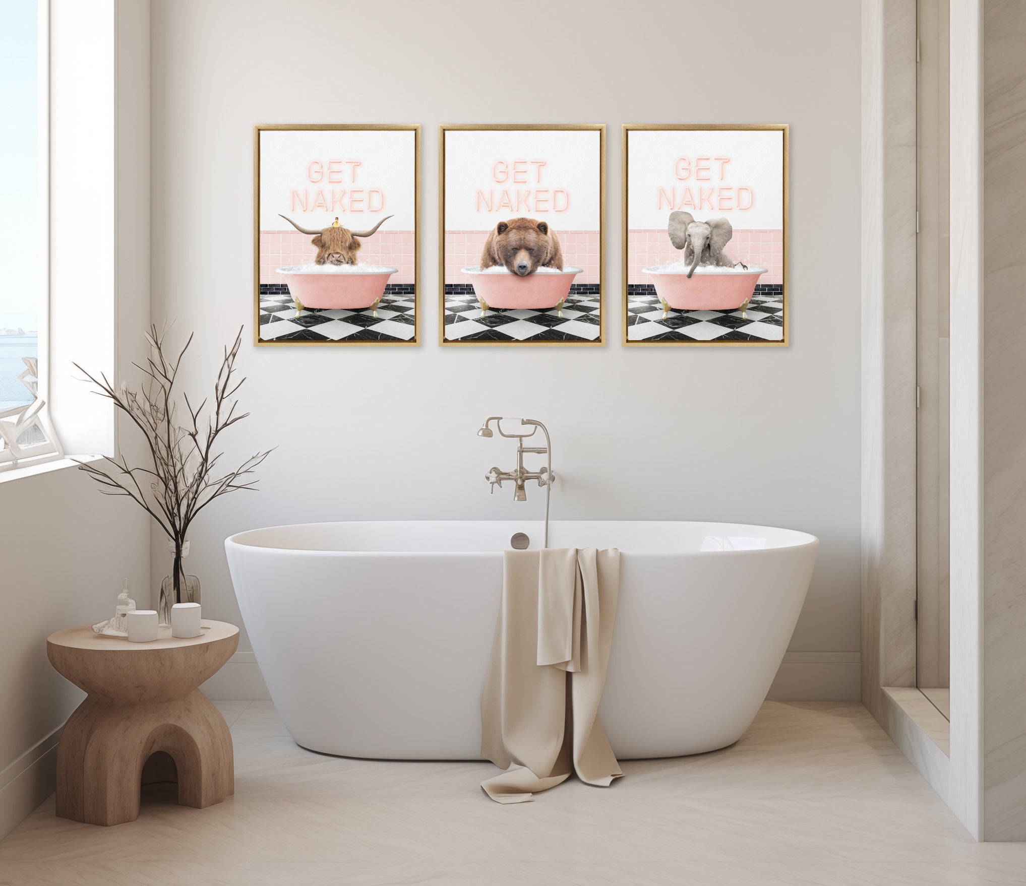 Sylvie Big Bear Retro Neon Sign Bath Framed Canvas by Amy Peterson