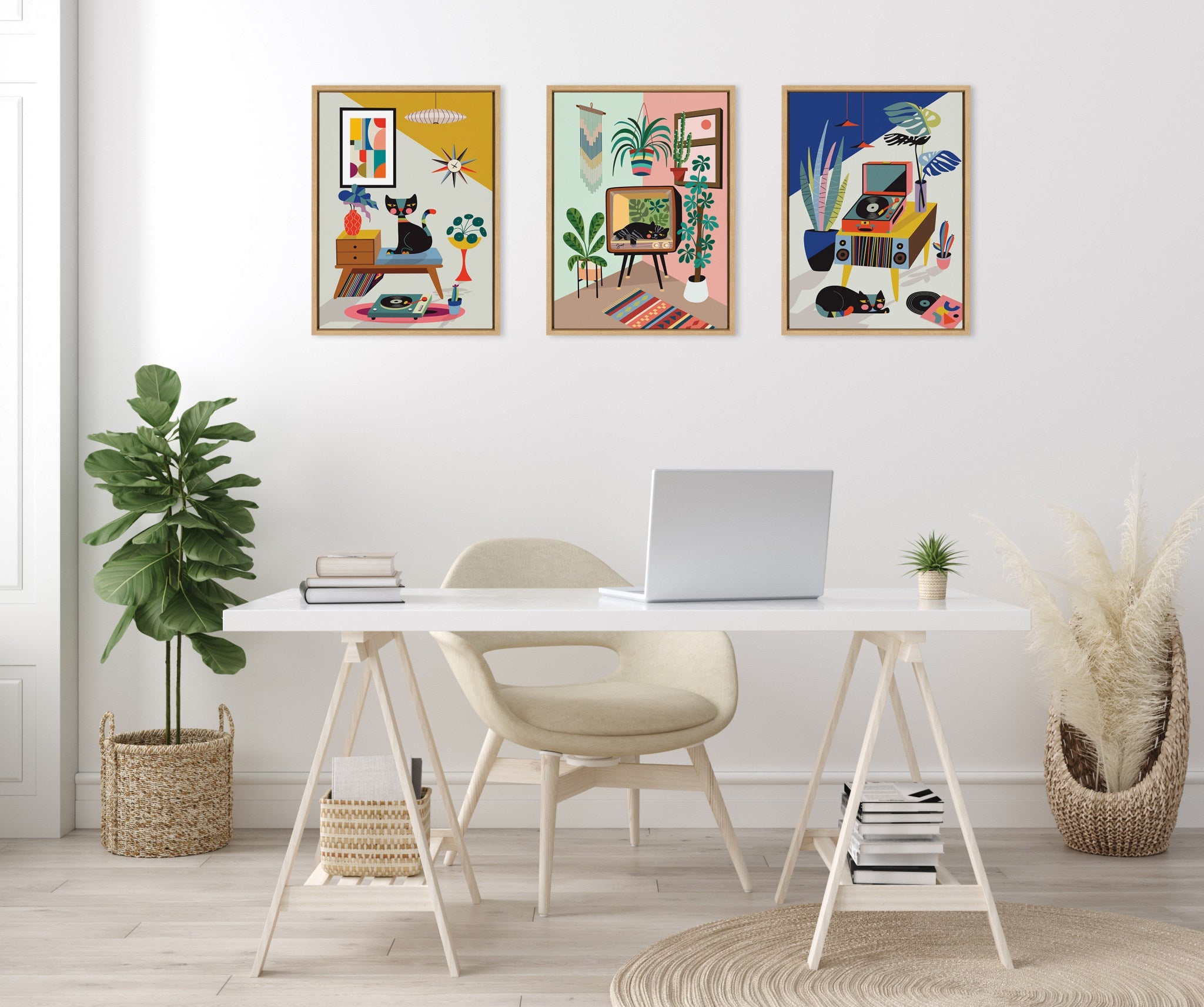 Sylvie Record Player, TV Cat Bed and Chill Out Saturday Framed Canvas Art Set by Rachel Lee of My Dream Wall