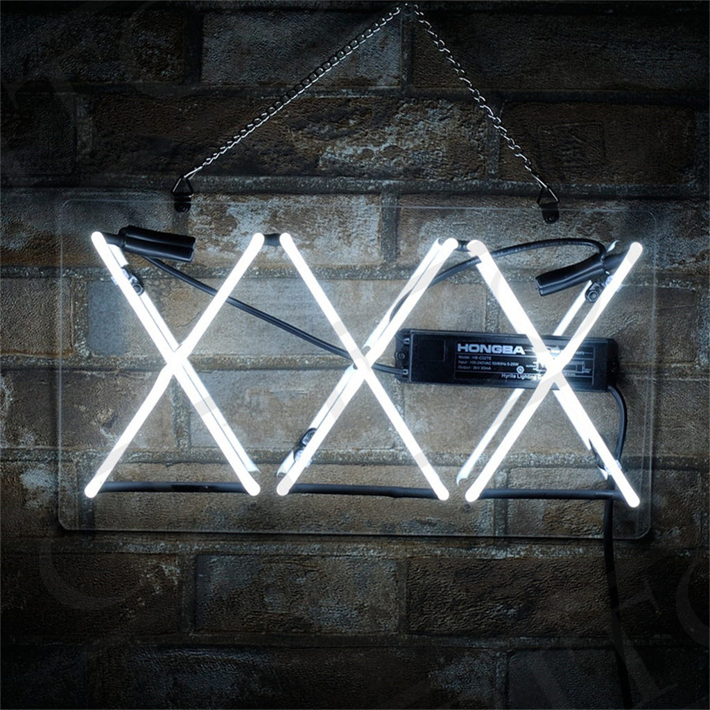 XXX Neon Signs illuminated against a dark background, showcasing bright neon glow with acrylic backing and hanging chain