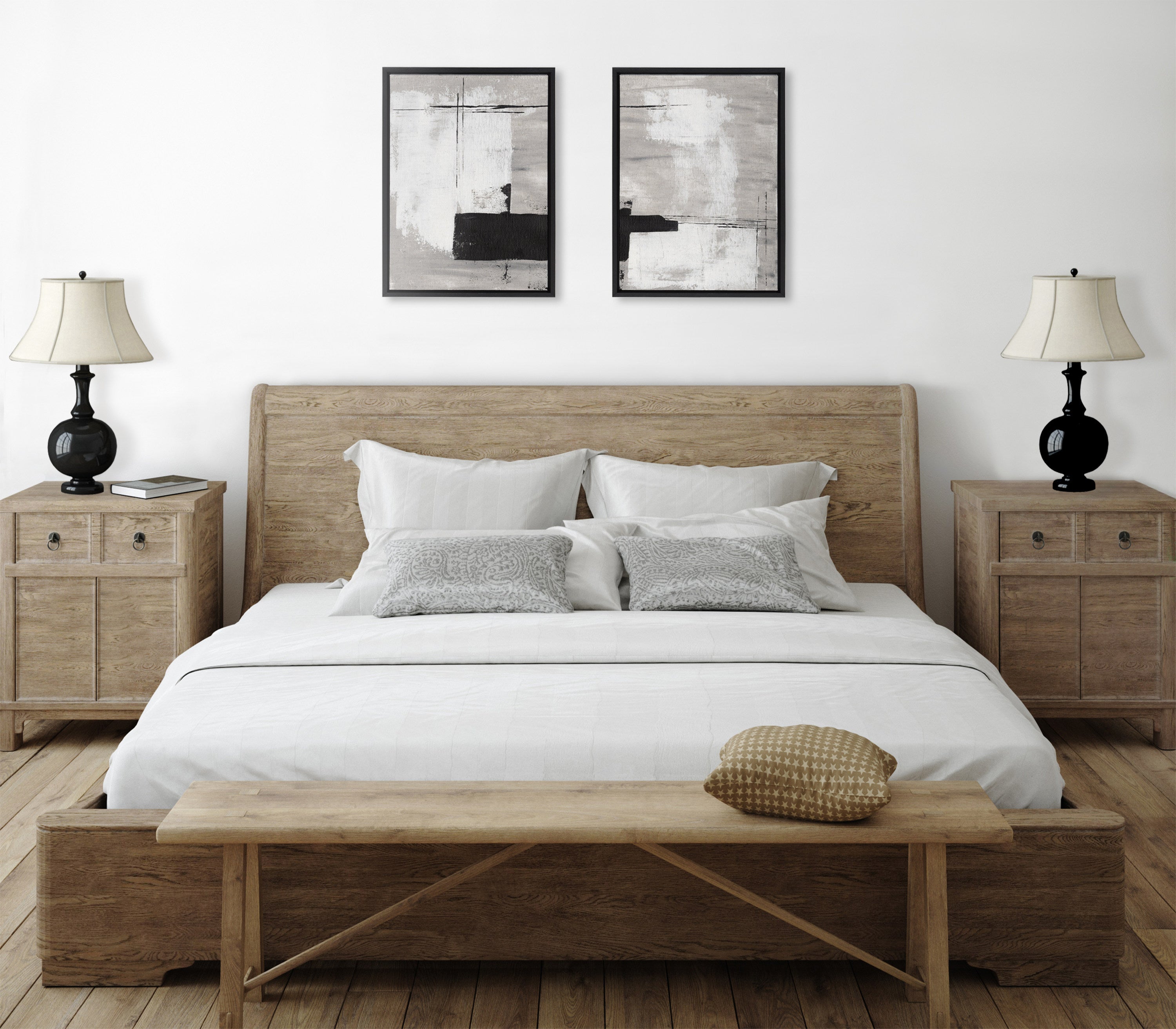 Sylvie Line 1 Left and Right Neutral Linen Framed Canvas Art Set by Nikita Jariwala