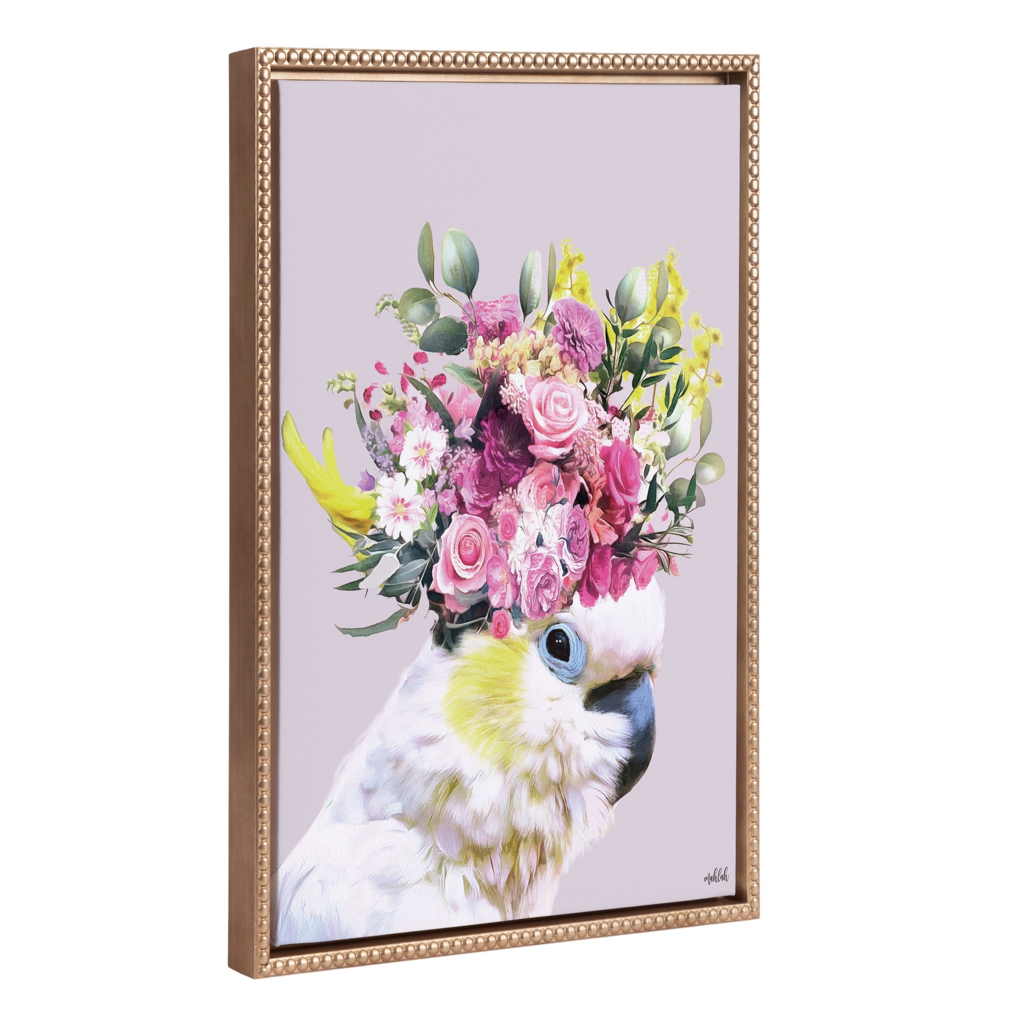 Sylvie Beaded Pretty Bird Framed Canvas wall art with gold vintage beaded frame showing modern abstract floral bird design.