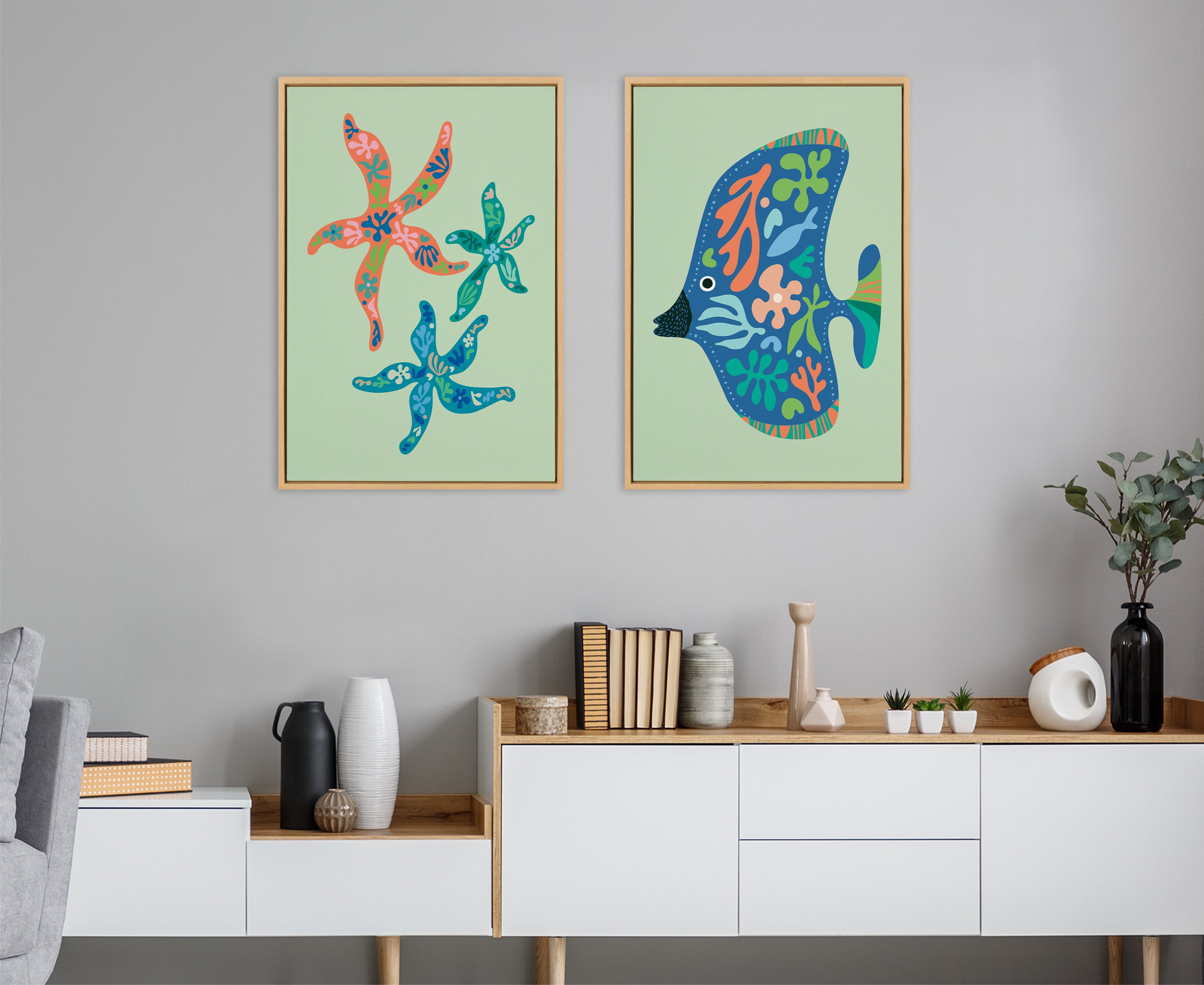 Sylvie Modern Colorful Starfish and Tropical Fish Framed Canvas Art Set by Rachel Lee