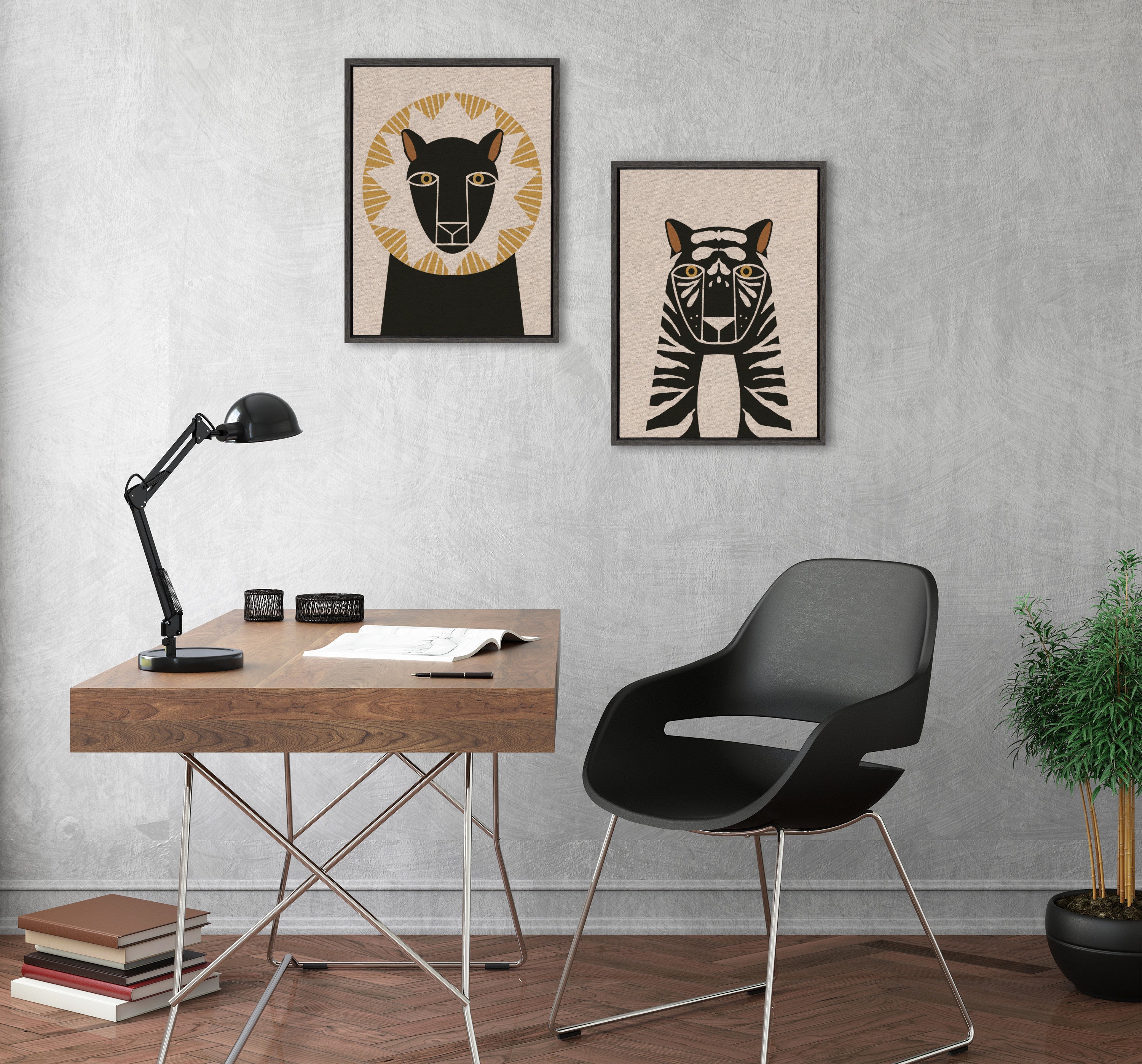 Sylvie Lion Profile Neutral Linen and Tiger Profile Neutral Linen Framed Canvas Art Set by Hannah Beisang