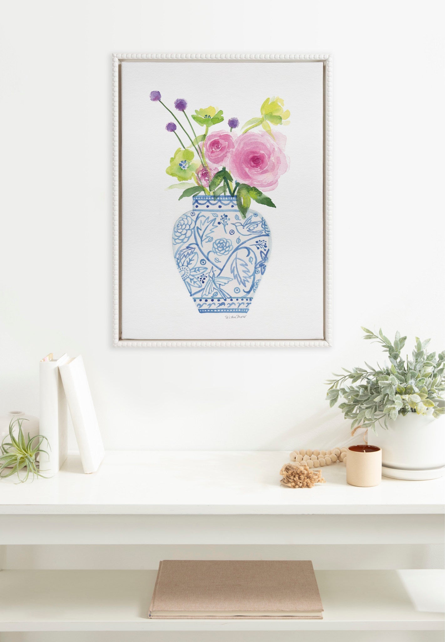 Sylvie Beaded Pink Blooms in Chinoiserie Framed Canvas by Patricia Shaw