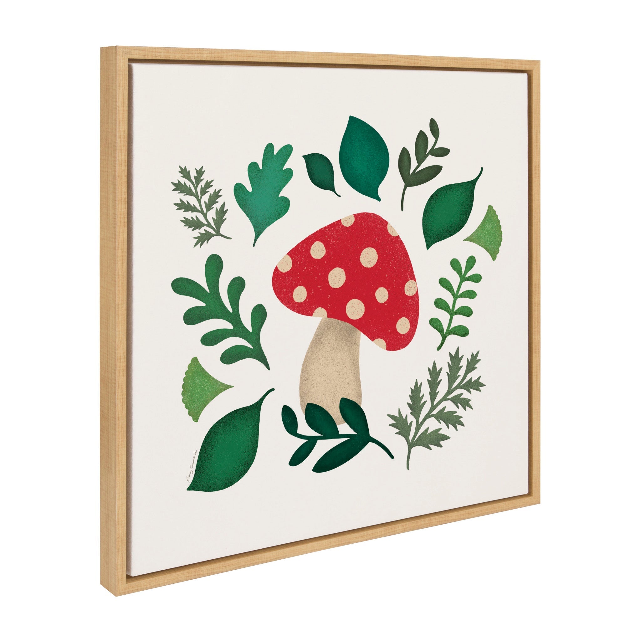Framed canvas artwork showing colorful red mushrooms and surrounding plants