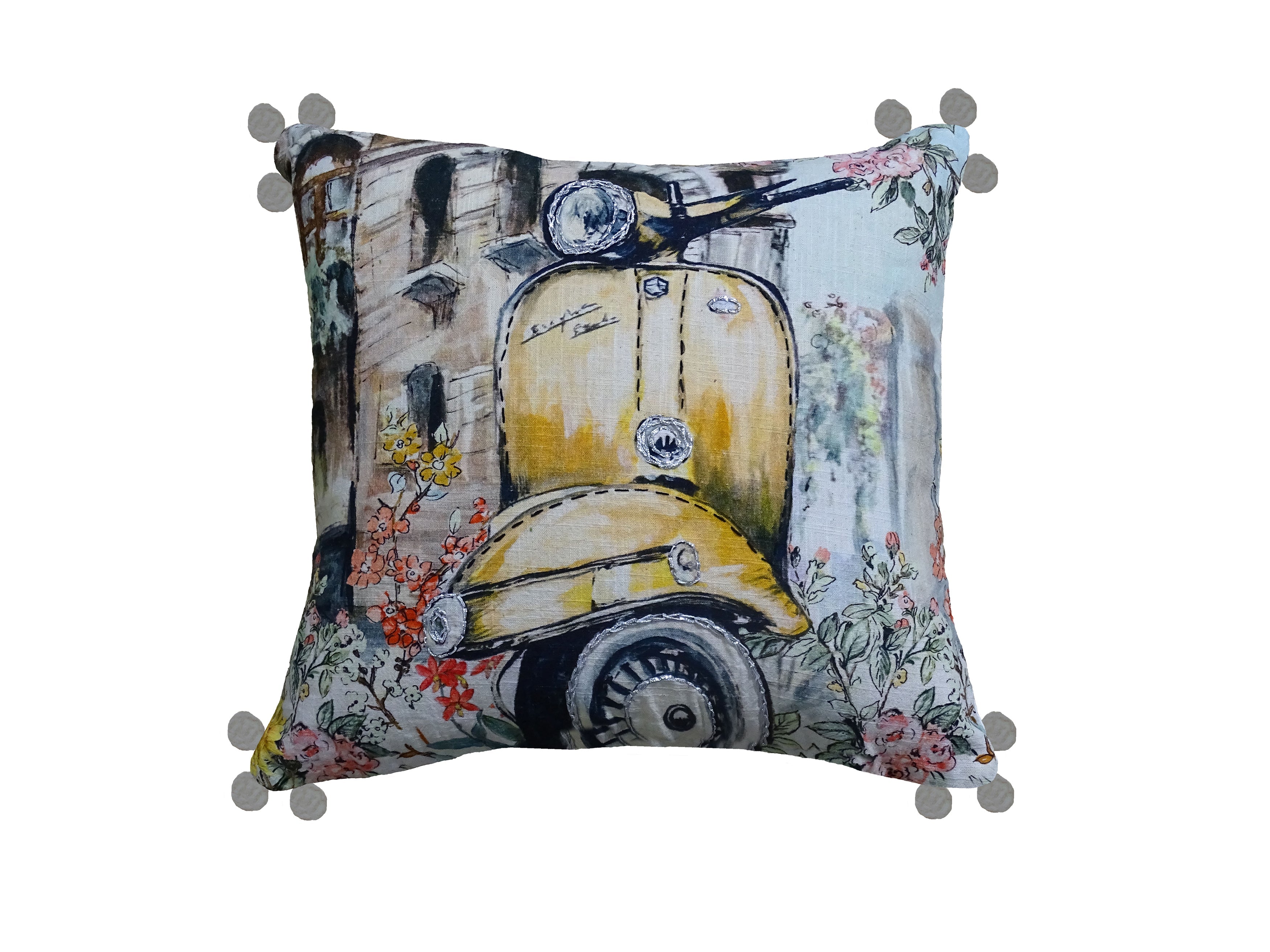 Decorative throw pillow cover with yellow Vespa illustration on a couch