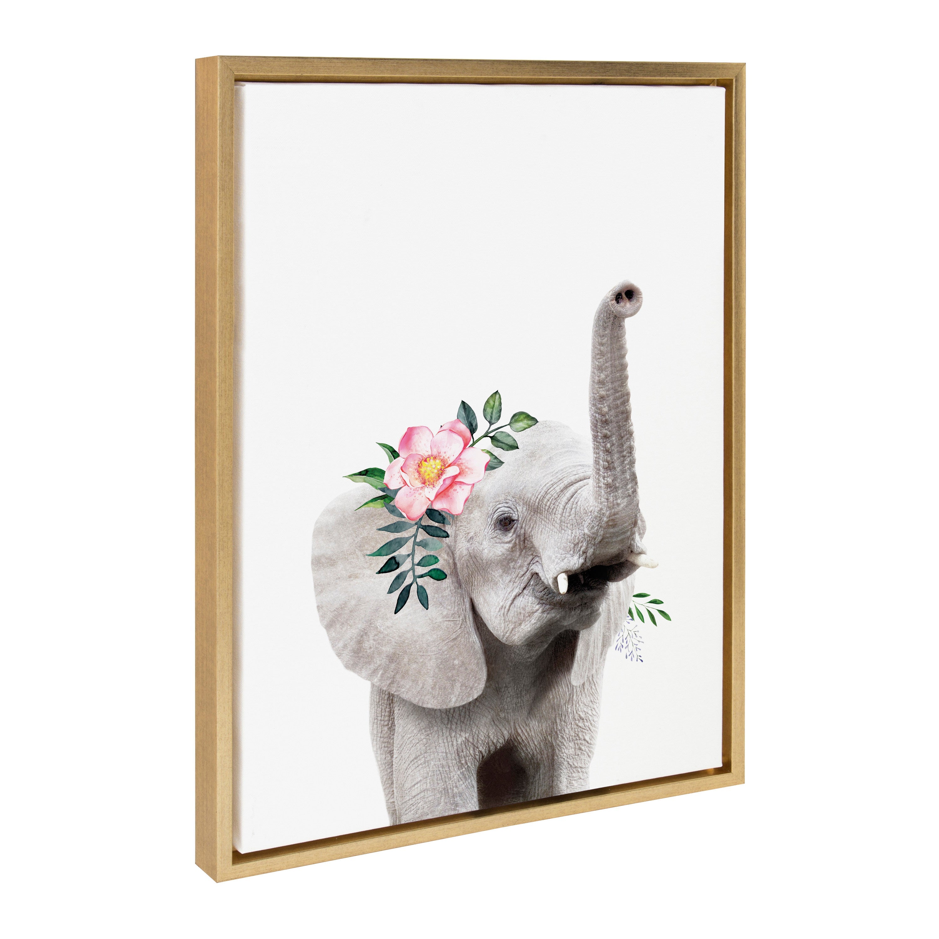Sylvie Flower Crown Elephant framed canvas art hanging on a white wall