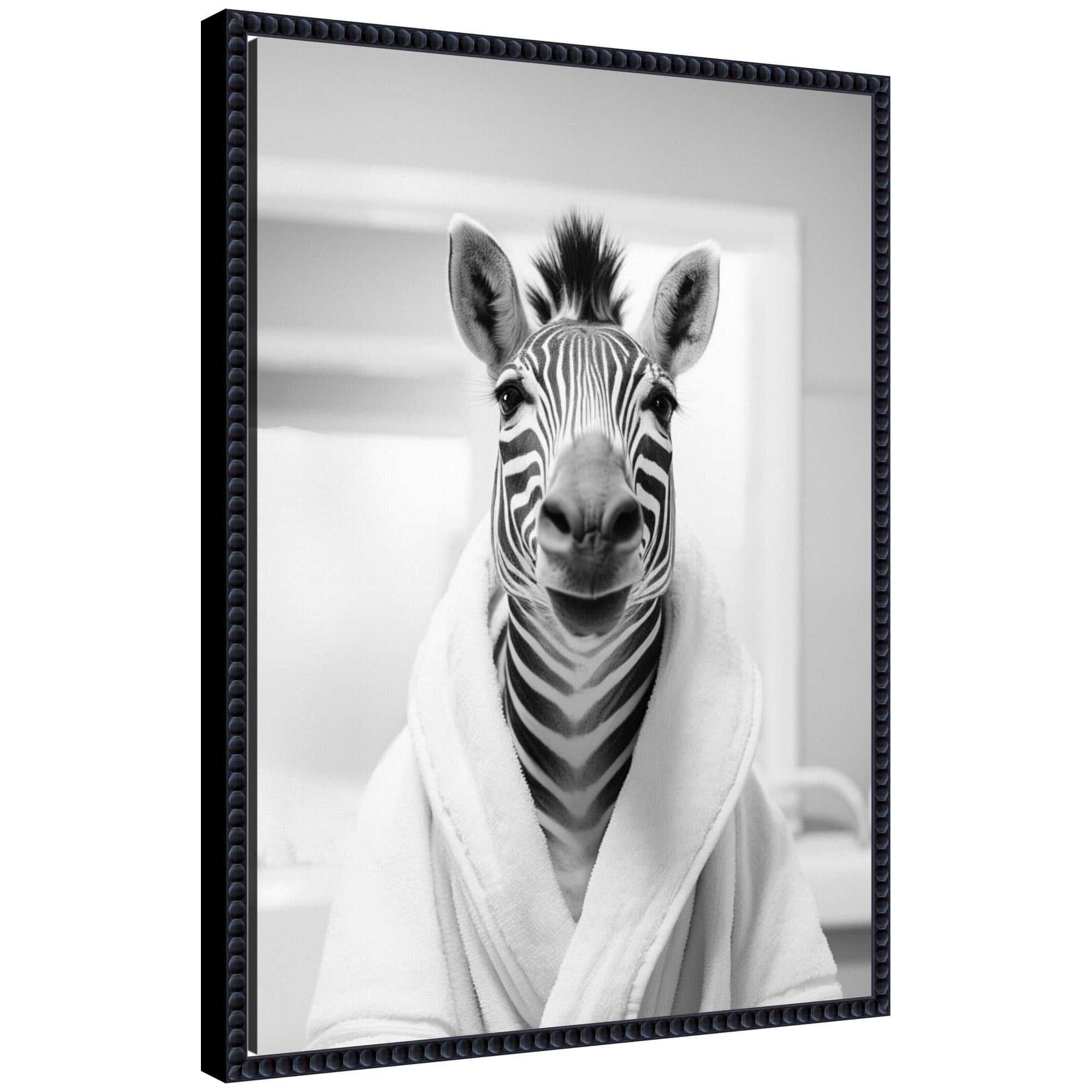 Sylvie Zebra Bathroom Art Towel Robe Black and White framed canvas print by The Creative Bunch Studio