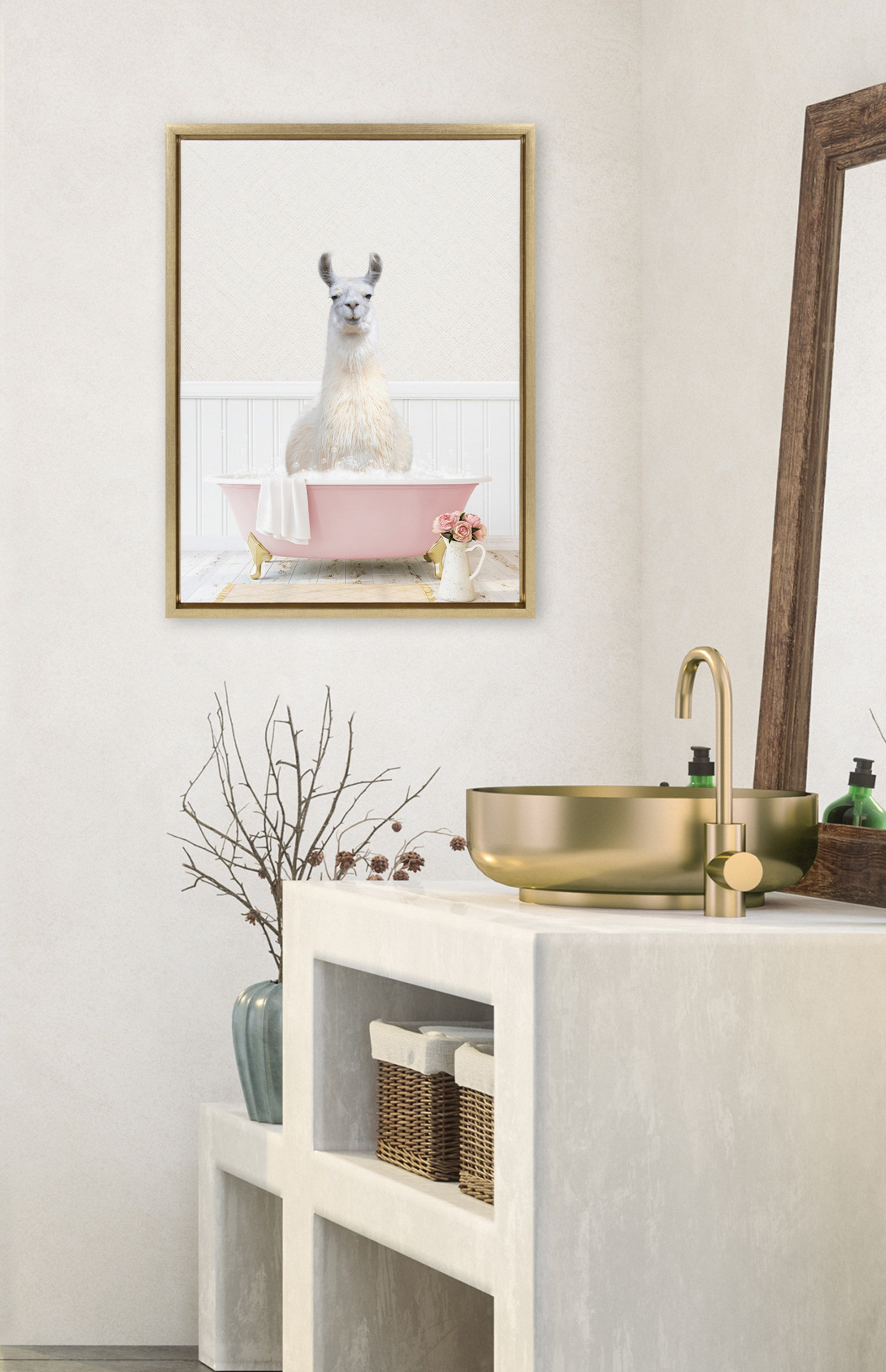 Sylvie Llama in Cottage Rose Bath Framed Canvas by kateandlaurel - product image 4 for Resin Society
