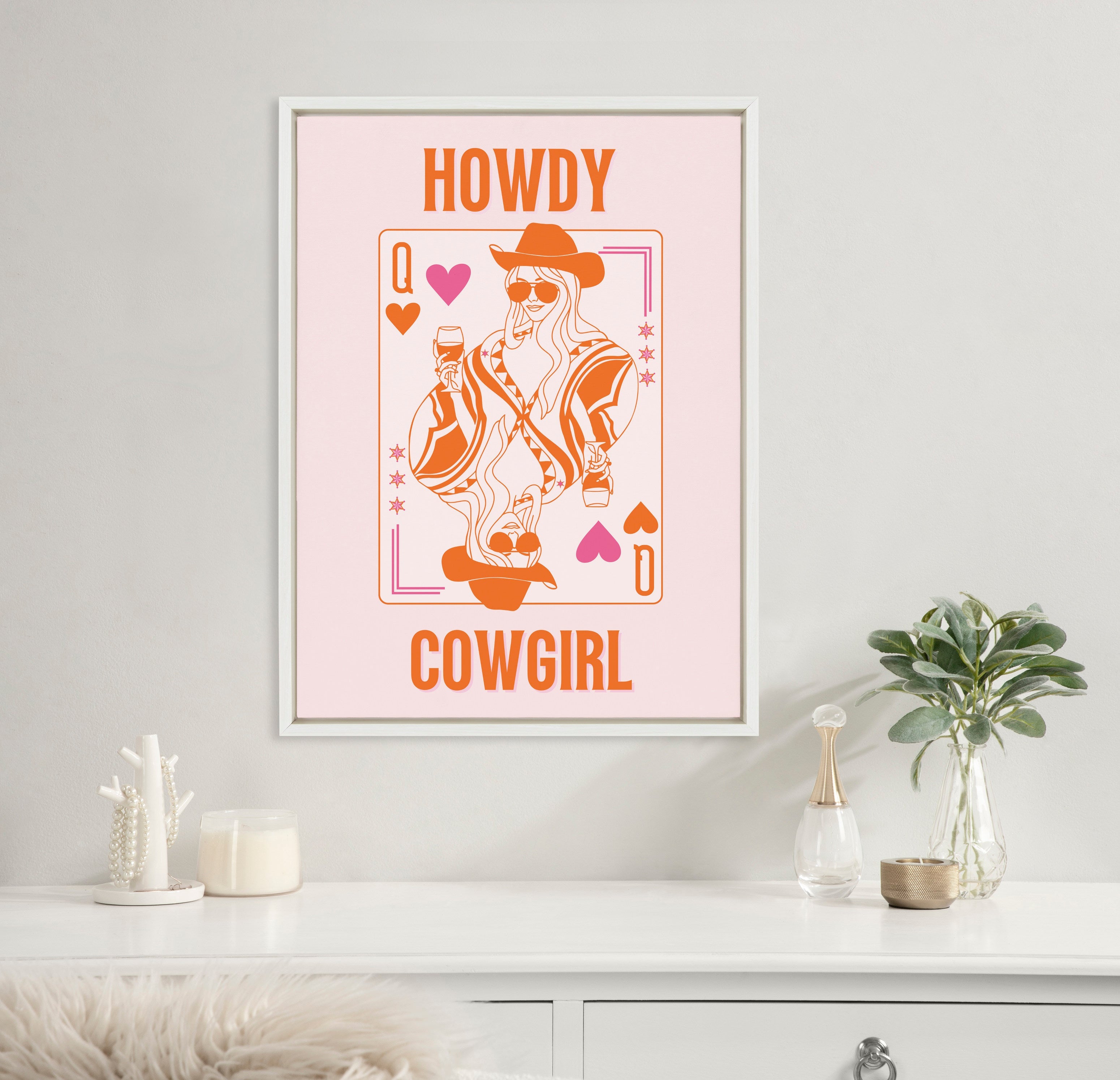 Sylvie Howdy Cowgirl Pink Orange Framed Canvas by Honey Island Studio
